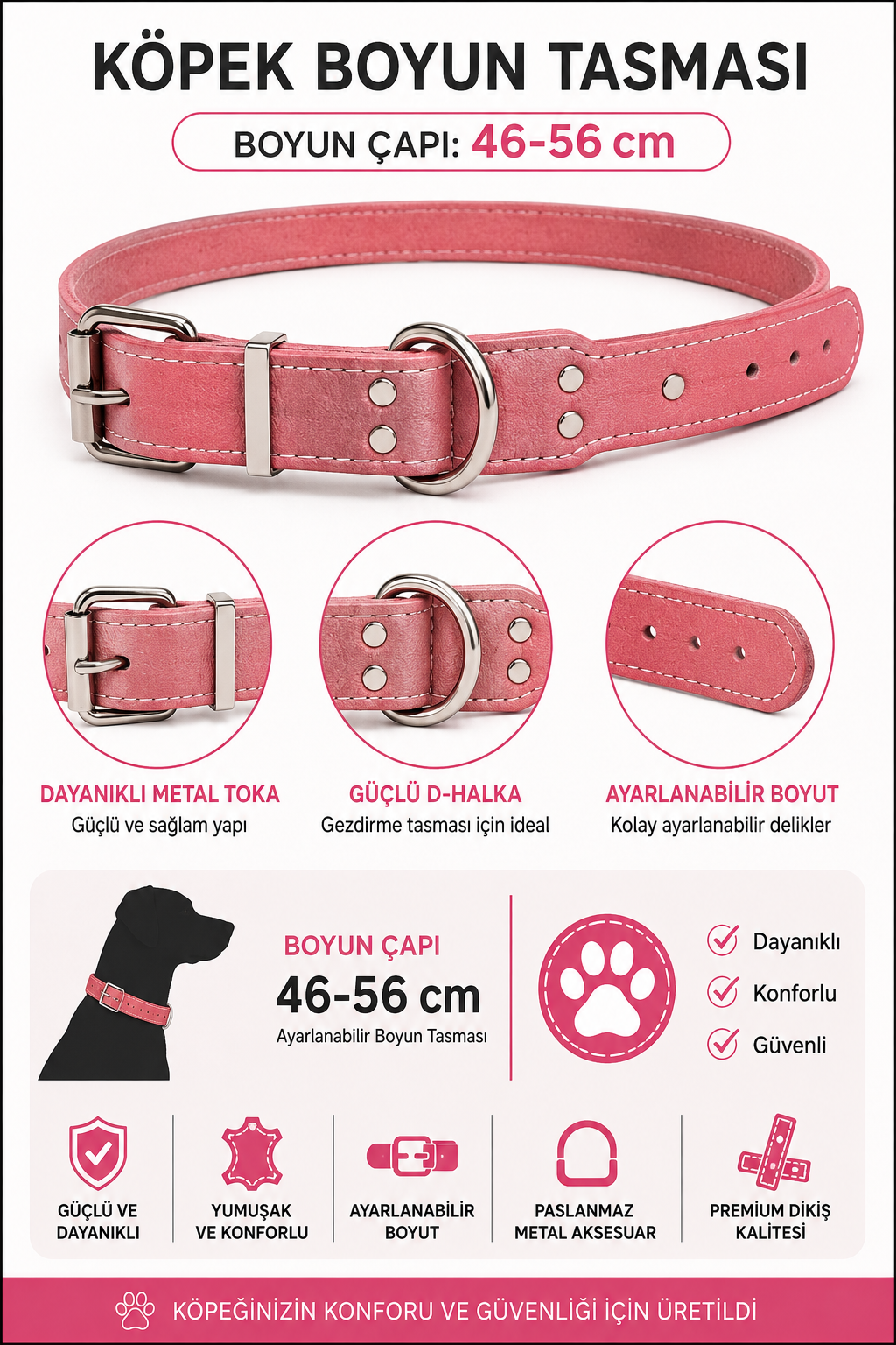 Deri Köpek Boyun Tasması 46-56 cm Metal Tokalı D Halkalı Ayarlanabilir - Pembe