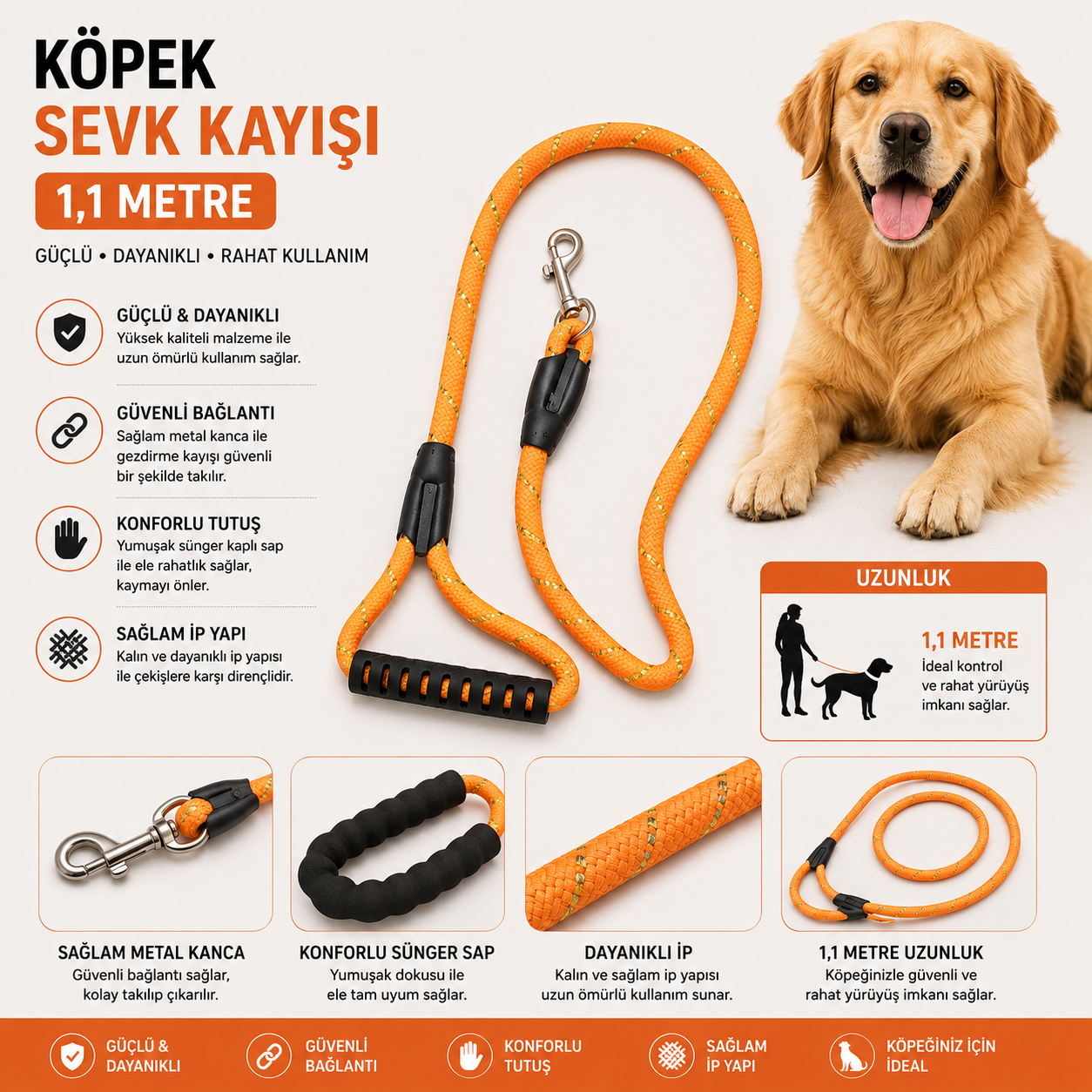 Köpek Sevk Kayışı 1,1 Metre Kalın Örgü İp Sünger Saplı Yansıtıcı - Turuncu