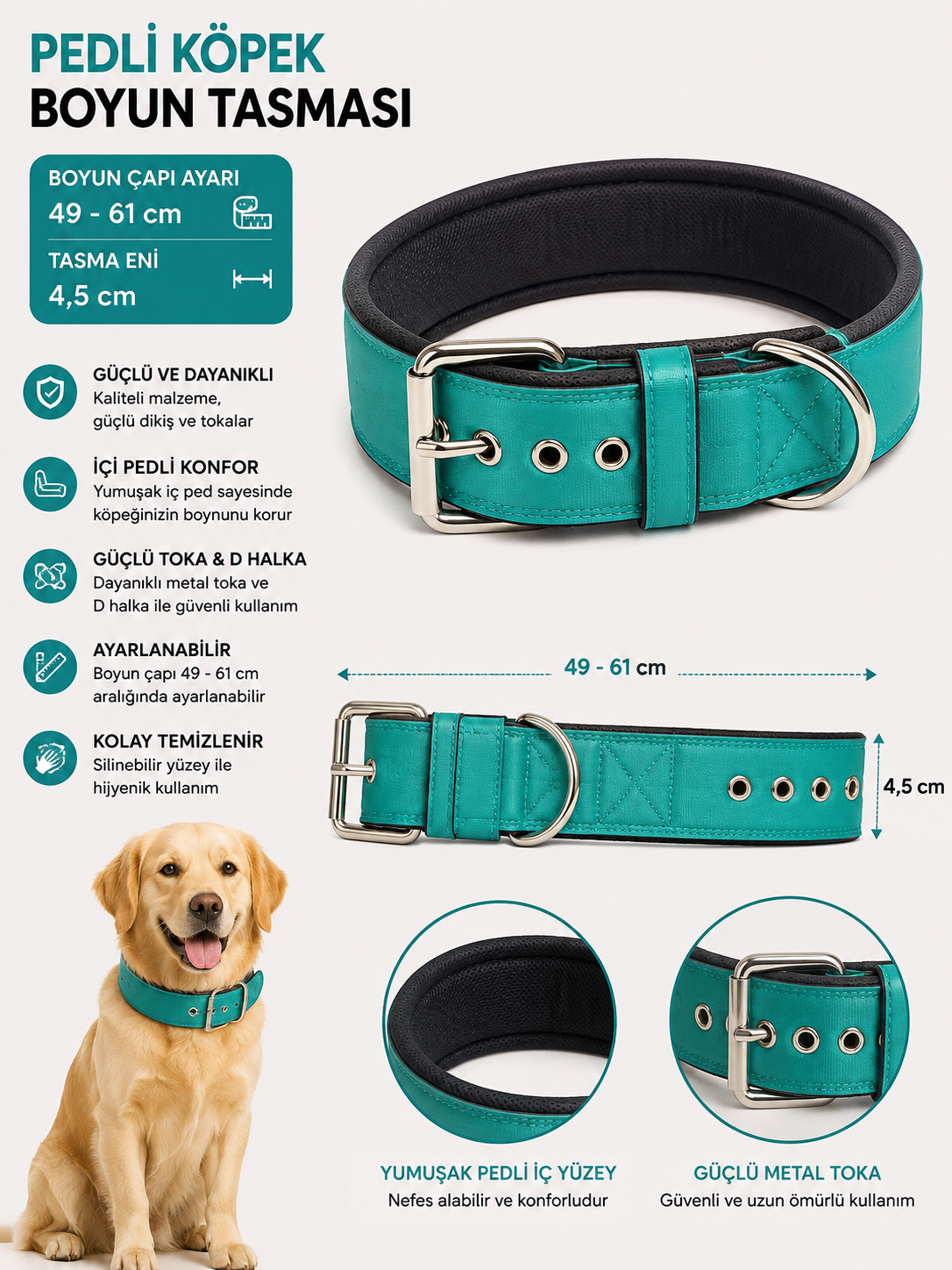 Pedli Köpek Boyun Tasması 49-61 cm 4,5 cm Geniş Deri Görünümlü Metal Tokalı - Turkuaz
