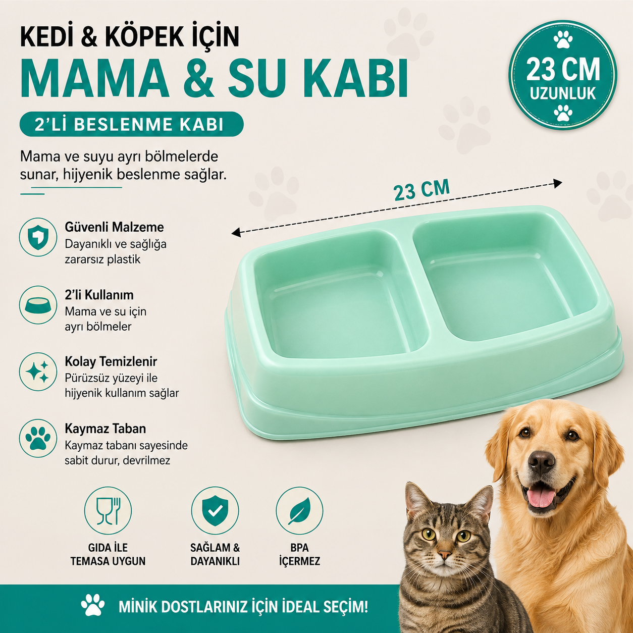 Kedi Köpek İkili Mama ve Su Kabı 23 cm Kaymaz Tabanlı Çift Bölmeli - Mint Yeşili