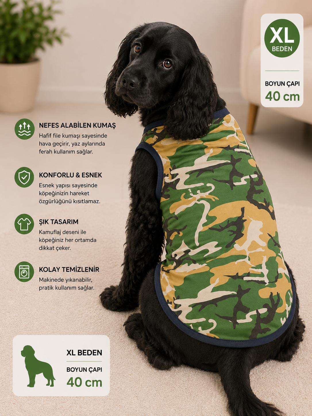 Köpek Tişörtü XL Beden Boyun Çapı 40 cm Kamuflaj Desenli Kolsuz Atlet - Yeşil Sarı