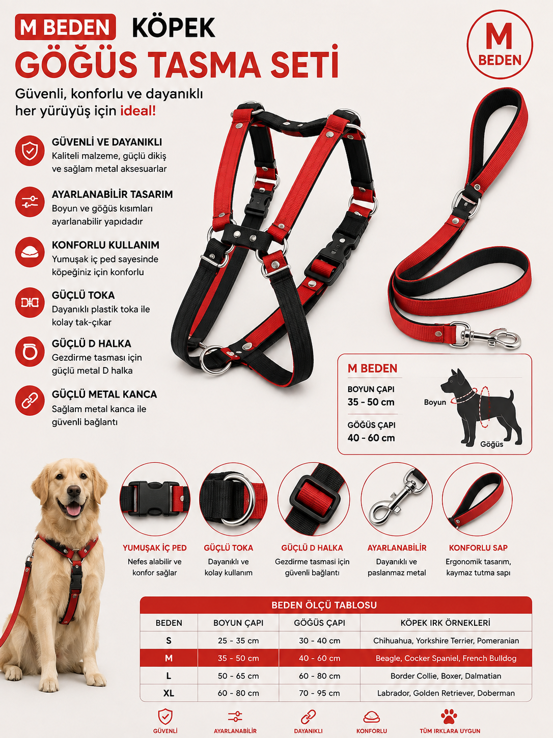 Köpek Göğüs Tasması ve Sevk Kayışı Seti M Beden İçi Pedli Ayarlanabilir - Kırmızı Siyah