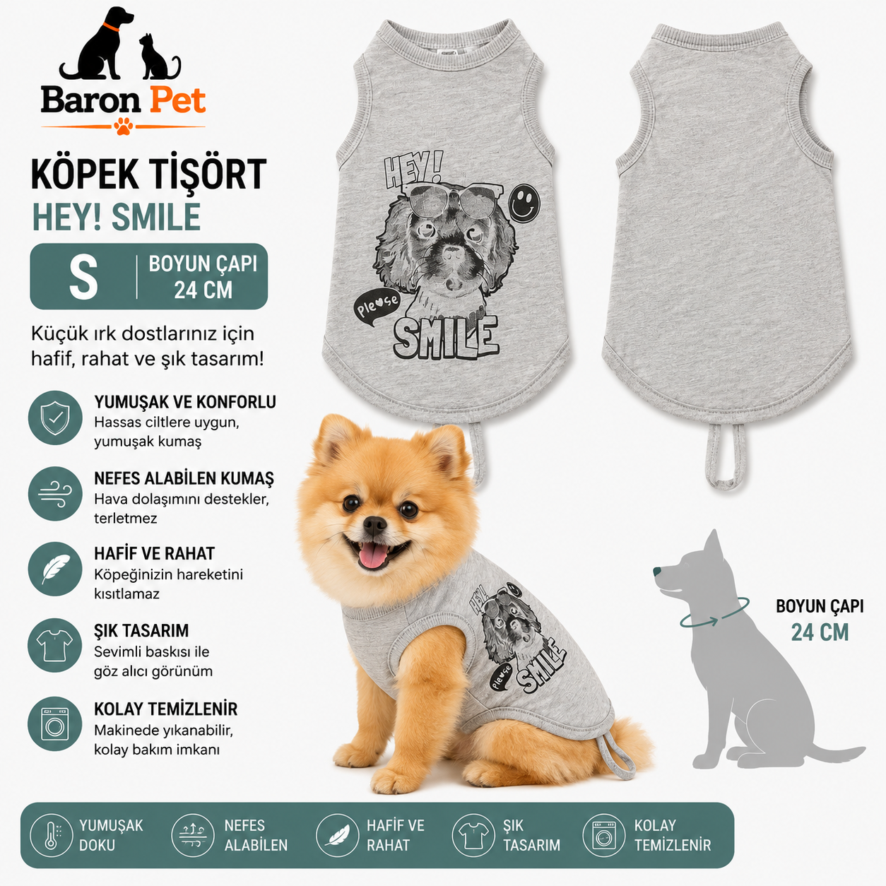 Köpek Tişörtü S Beden Boyun Çapı 24 cm Tasma Delikli Baskılı - Gri Melanj