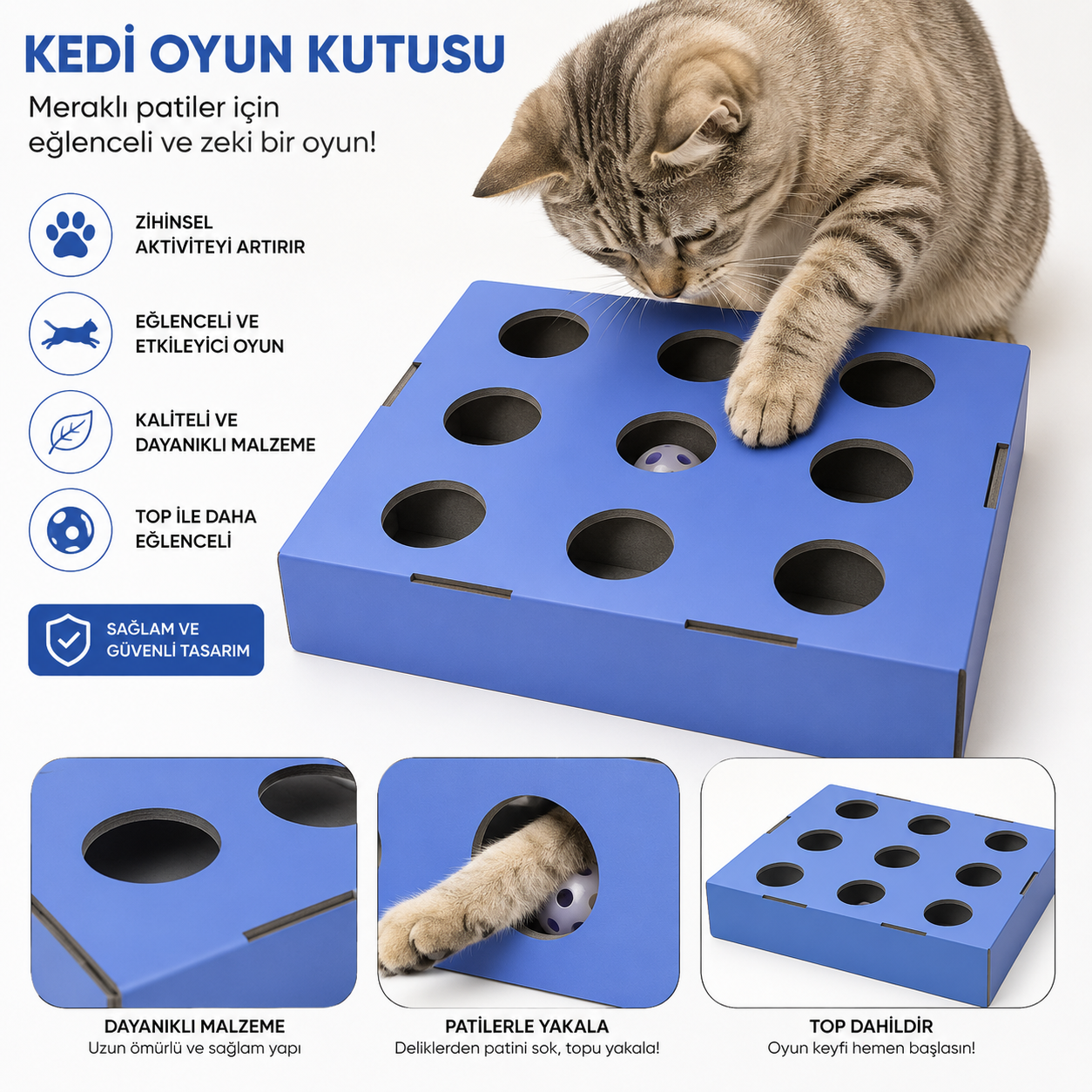 Kedi Oyun Kutusu Ahşap Zeka Oyuncağı Top Dahil - Mavi