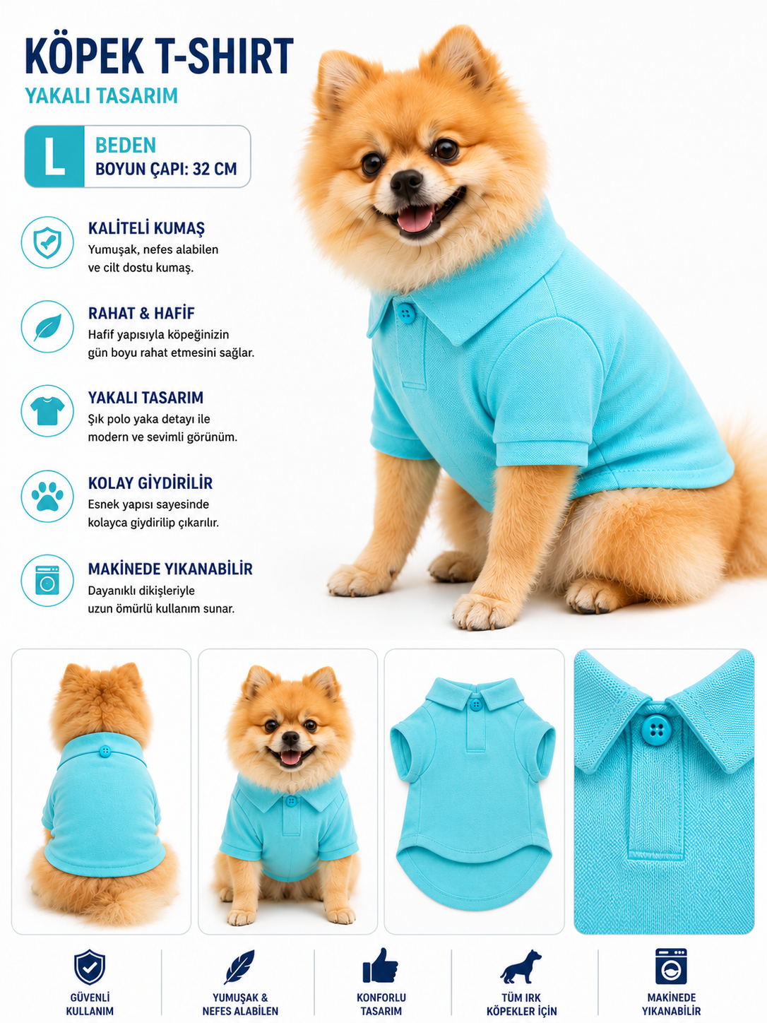 Köpek Polo Yaka Tişört L Beden Boyun Çapı 32 cm Nefes Alabilen Kumaş - Mavi