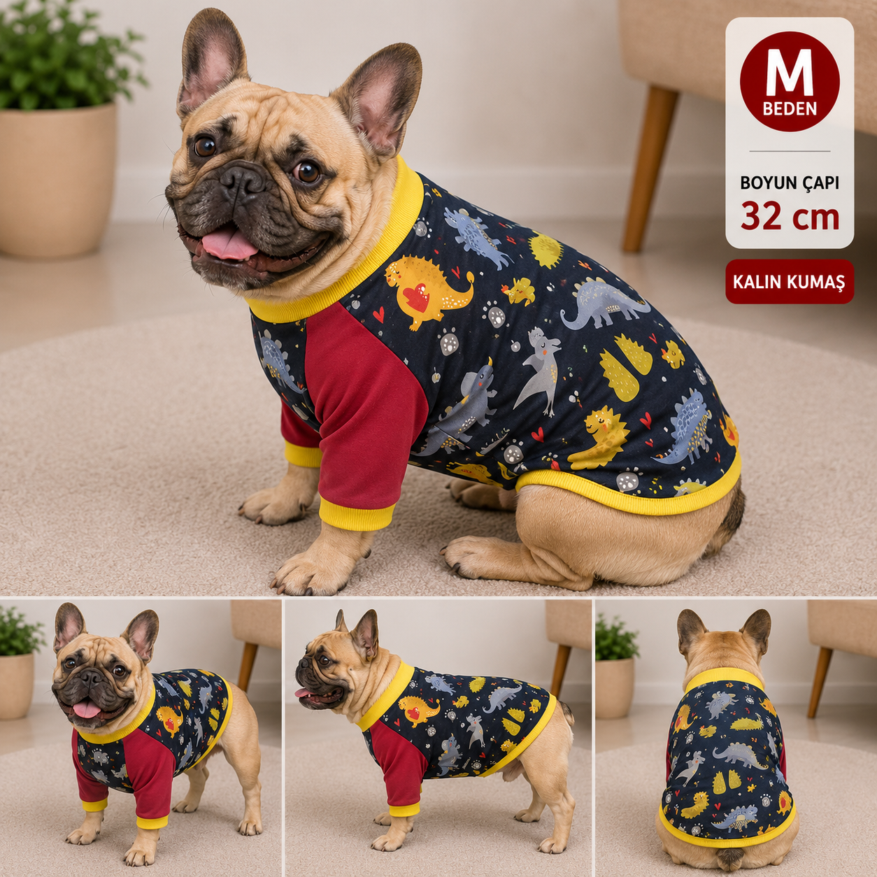 Köpek Sweatshirt M Beden Boyun Çapı 32 cm Dinozor Desenli Kalın Kumaş Uzun Kollu - Lacivert