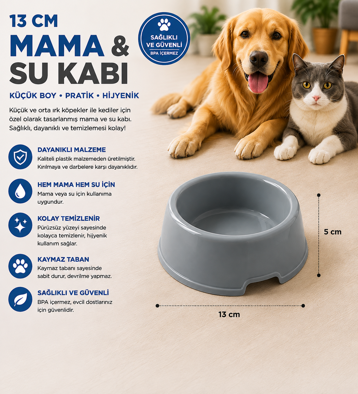Kedi Köpek Mama ve Su Kabı 13 cm Küçük Boy Kaymaz Tabanlı - Gri