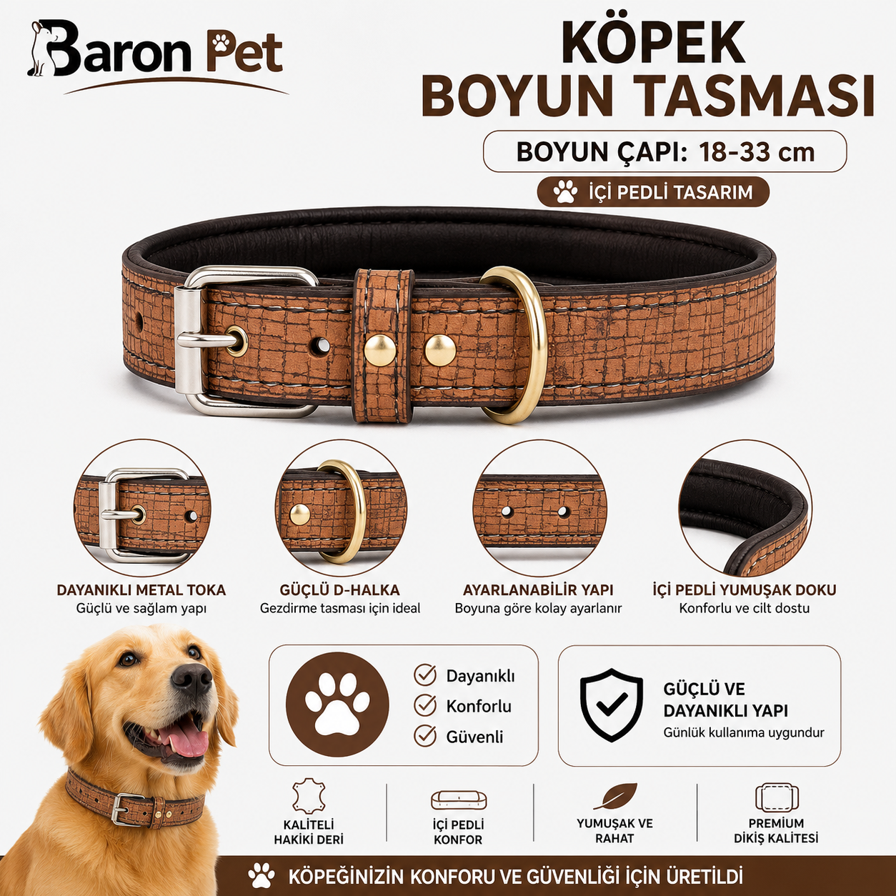 Hakiki Deri Köpek Boyun Tasması 18-33 cm Dokulu İçi Pedli Metal Tokalı - Taba