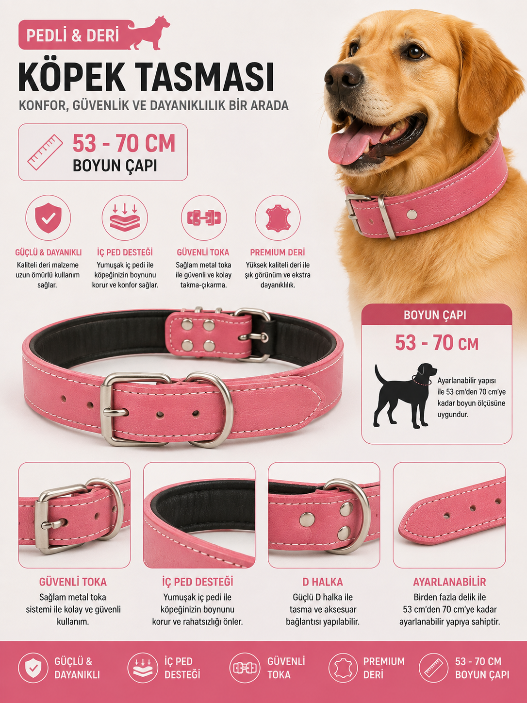 Deri Köpek Boyun Tasması İçi Pedli 53-70 cm Ayarlanabilir Metal Tokalı D Halkalı - Pembe