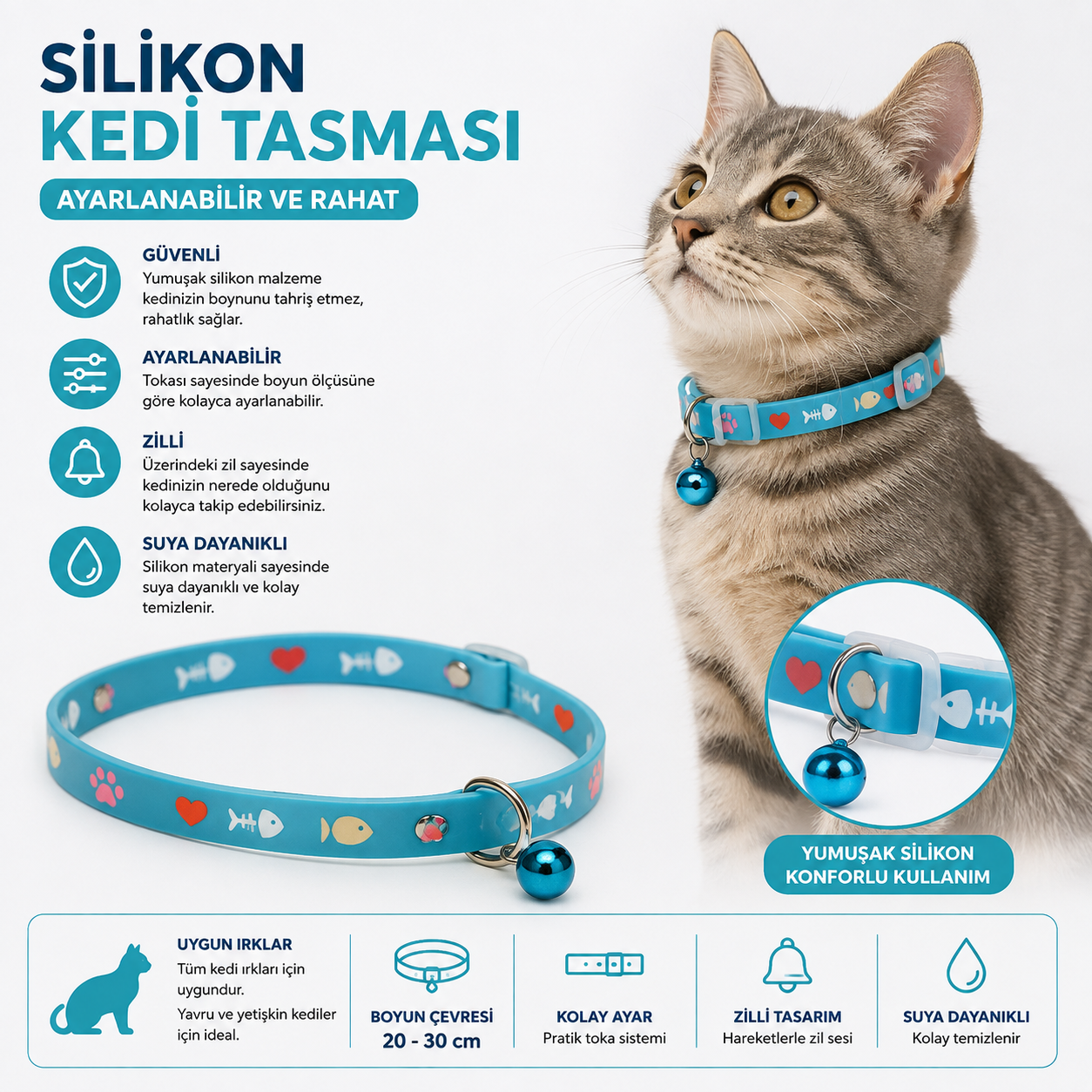 Silikon Kedi Tasması 20-30 cm Zilli Su Geçirmez Ayarlanabilir Balık Pati Desenli - Mavi