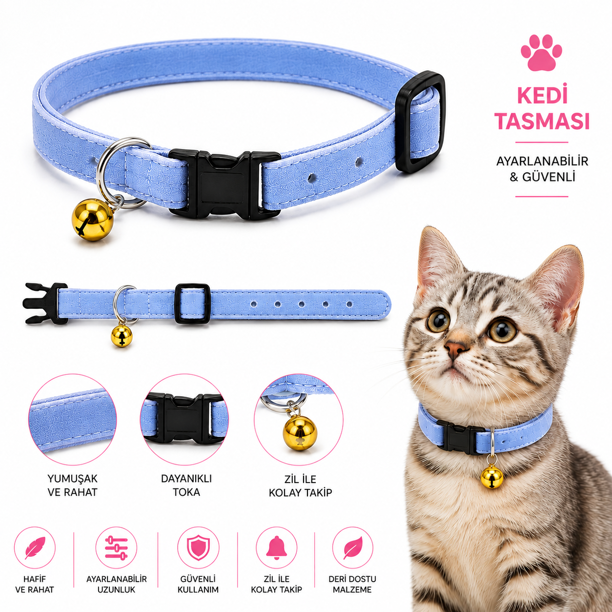 Kedi Tasması Süet Görünümlü Zilli Ayarlanabilir Klipsli - Mavi