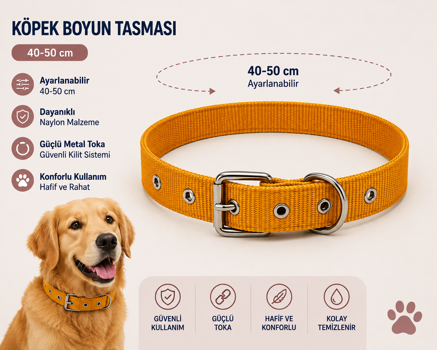 Köpek Boyun Tasması 40-50 cm Ayarlanabilir Naylon Metal Tokalı D Halkalı - Hardal Sarı