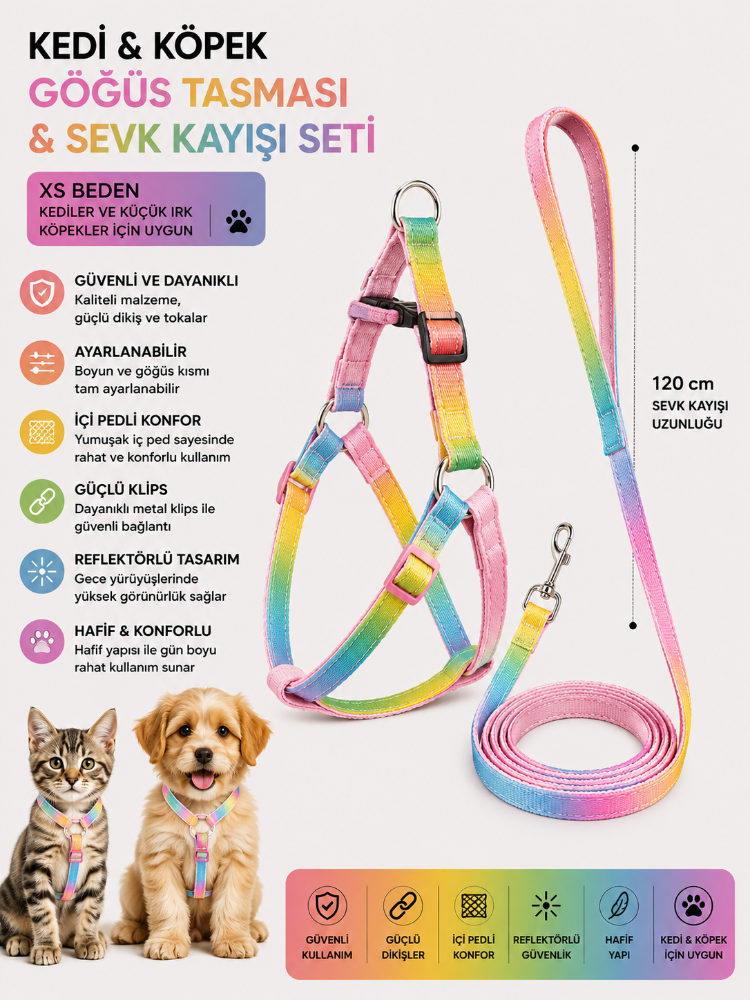 İçi Pedli Reflektörlü Kedi ve Köpek Göğüs Tasması Sevk Kayışı Seti XS Beden 120 cm - Gökkuşağı