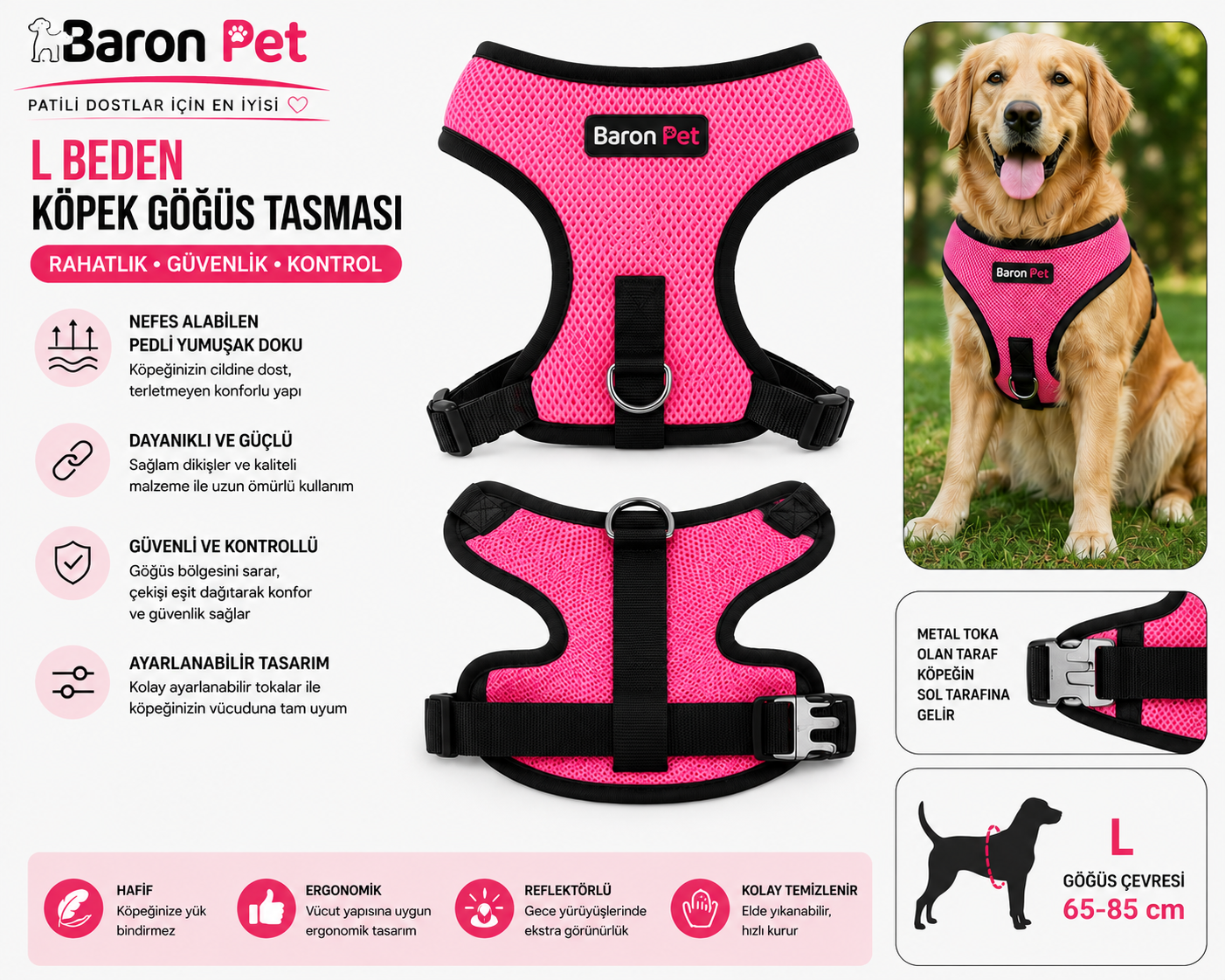 Köpek Göğüs Tasması L Beden 65-85 cm Nefes Alabilen File Reflektörlü - Pembe