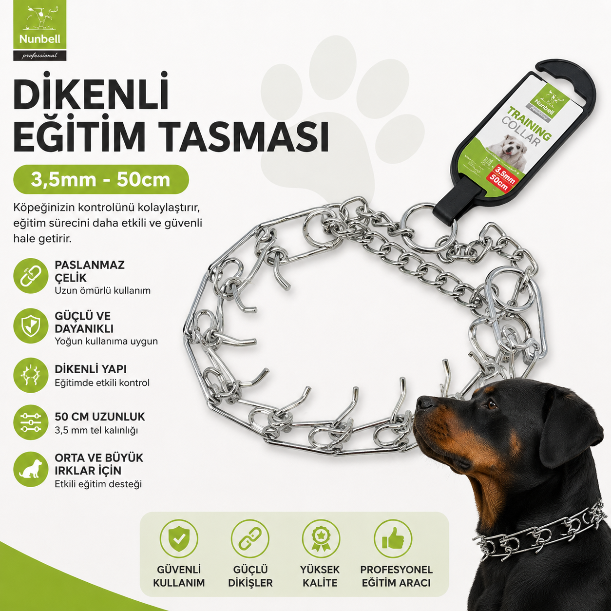 Nunbell Dikenli Köpek Eğitim Tasması 3,5 mm 50 cm Paslanmaz Çelik Orta ve Büyük Irk