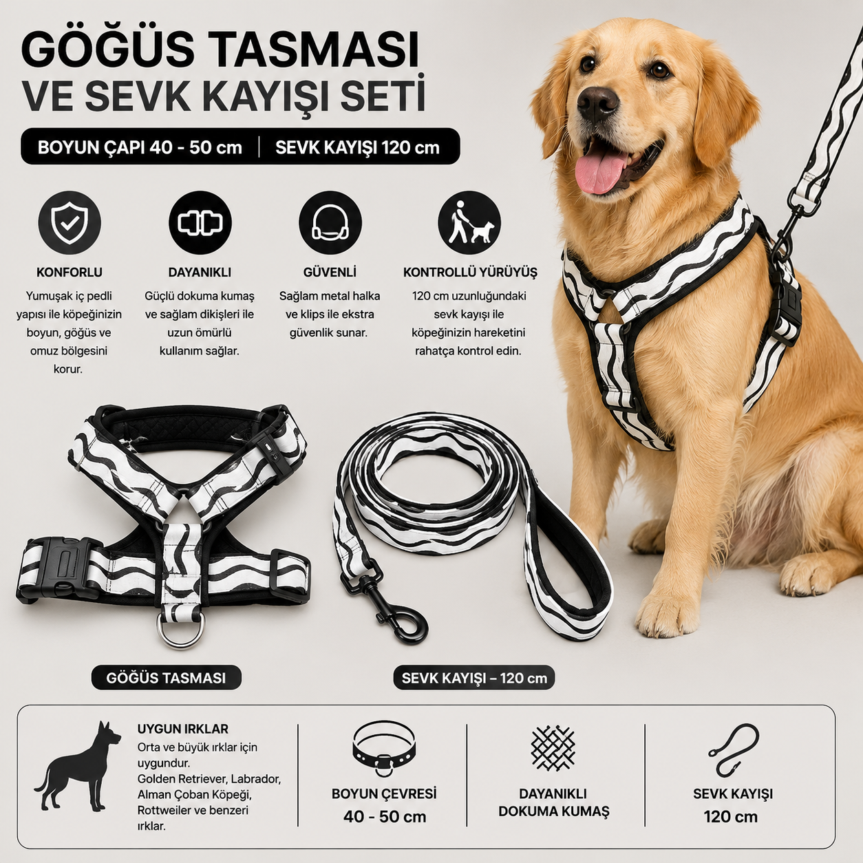 Köpek Göğüs Tasması ve Sevk Kayışı Seti Zebra Desenli İçi Pedli 40-50 cm 120 cm Kayış - Siyah Beyaz