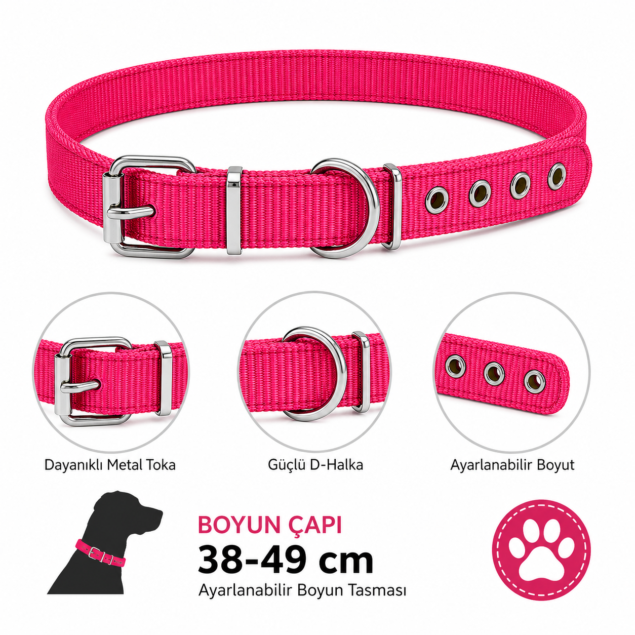 Köpek Boyun Tasması 38-49 cm Dokuma Naylon Metal Tokalı D Halkalı Ayarlanabilir - Kırmızı
