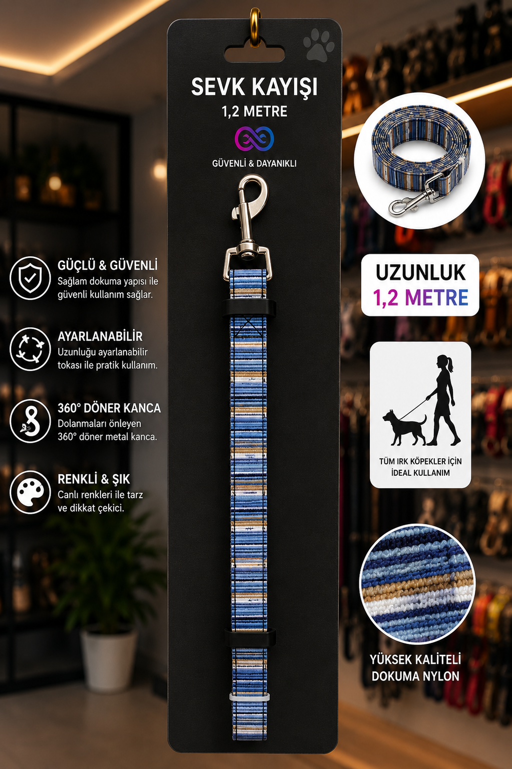 Köpek Sevk Kayışı 1,2 Metre Ayarlanabilir 360 Derece Döner Metal Kancalı - Şal Desenli