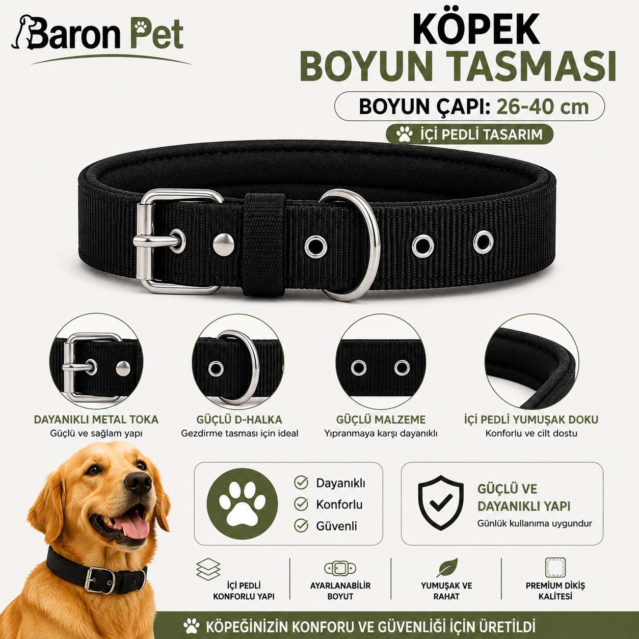 Pedli Köpek Boyun Tasması 26-40 cm 2 cm İçi Pedli Metal Tokalı D Halkalı - Siyah