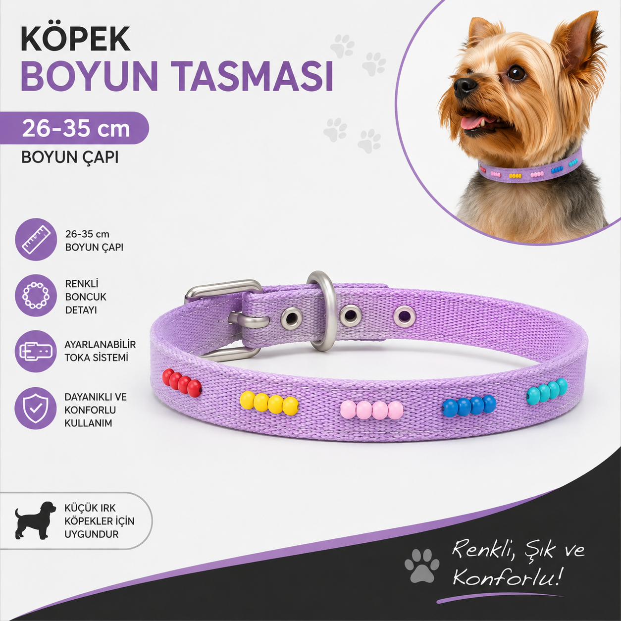 Boncuklu Köpek Boyun Tasması 26-35 cm Küçük Irk Ayarlanabilir Metal Tokalı D Halkalı - Lila