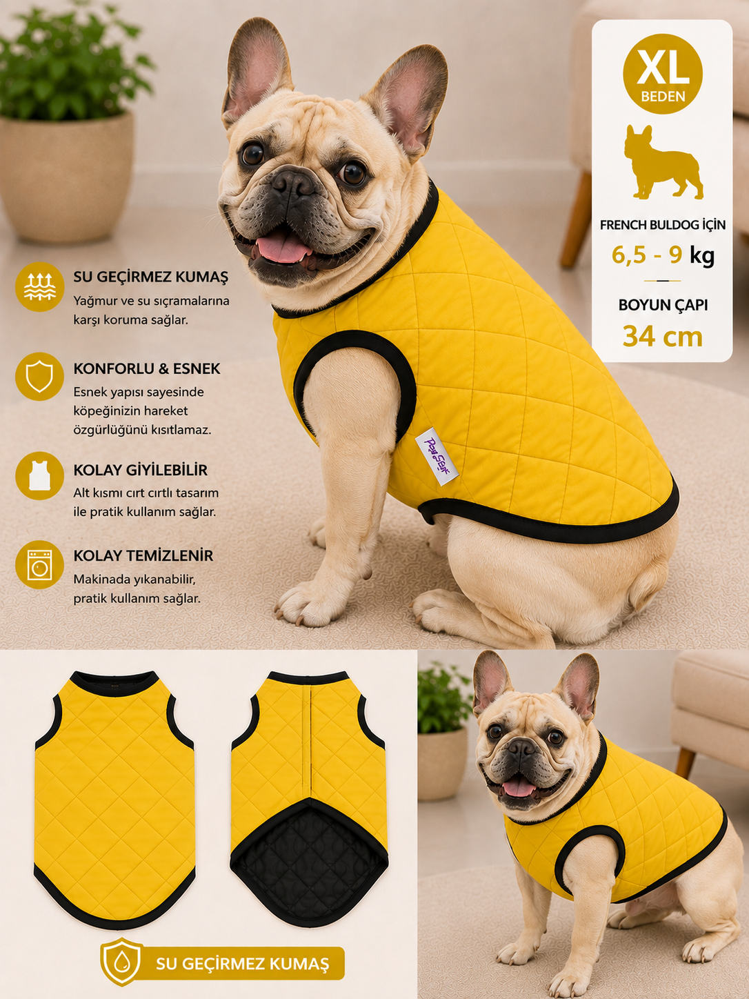 Köpek Montu XL Beden Boyun Çapı 34 cm Su Geçirmez Kapitone Cırt Cırtlı - Sarı