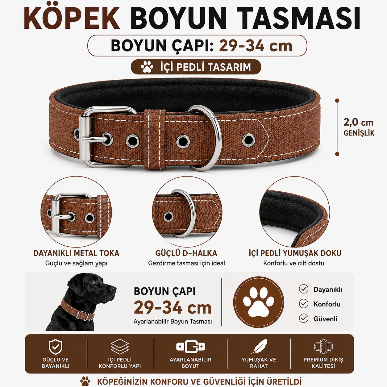 Pedli Köpek Boyun Tasması 29-34 cm 2 cm İçi Pedli Metal Tokalı D Halkalı - Kahverengi