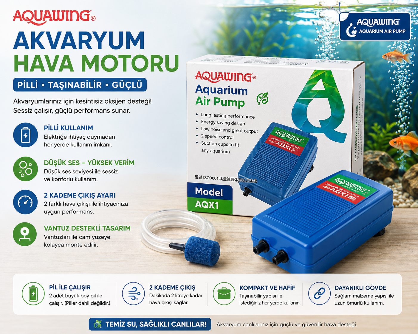 Aquawing AQX1 Pilli Akvaryum Hava Motoru Taşınabilir 2 Kademeli
