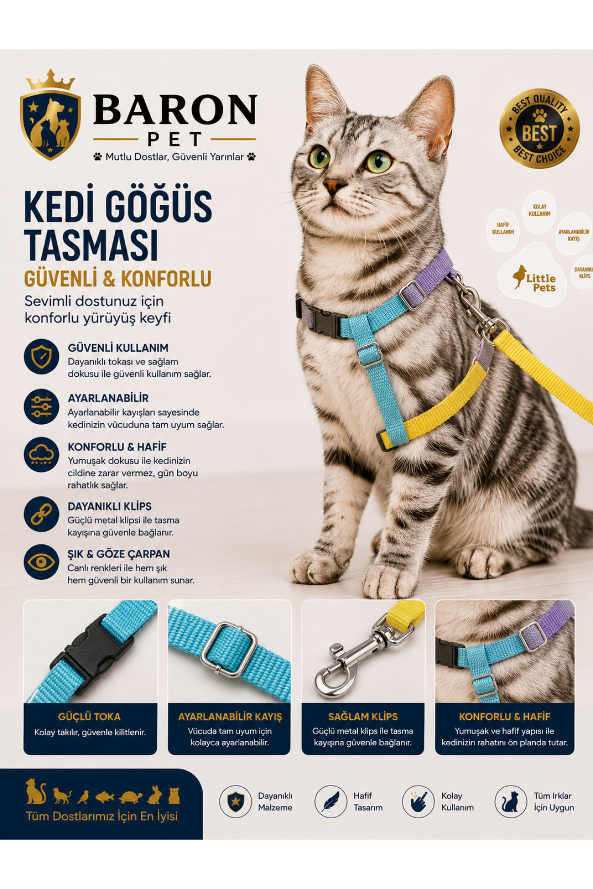 Kedi Göğüs Tasması ve Gezdirme Kayışı Seti Turkuaz Lila Sarı Üç Renkli Ayarlanabilir
