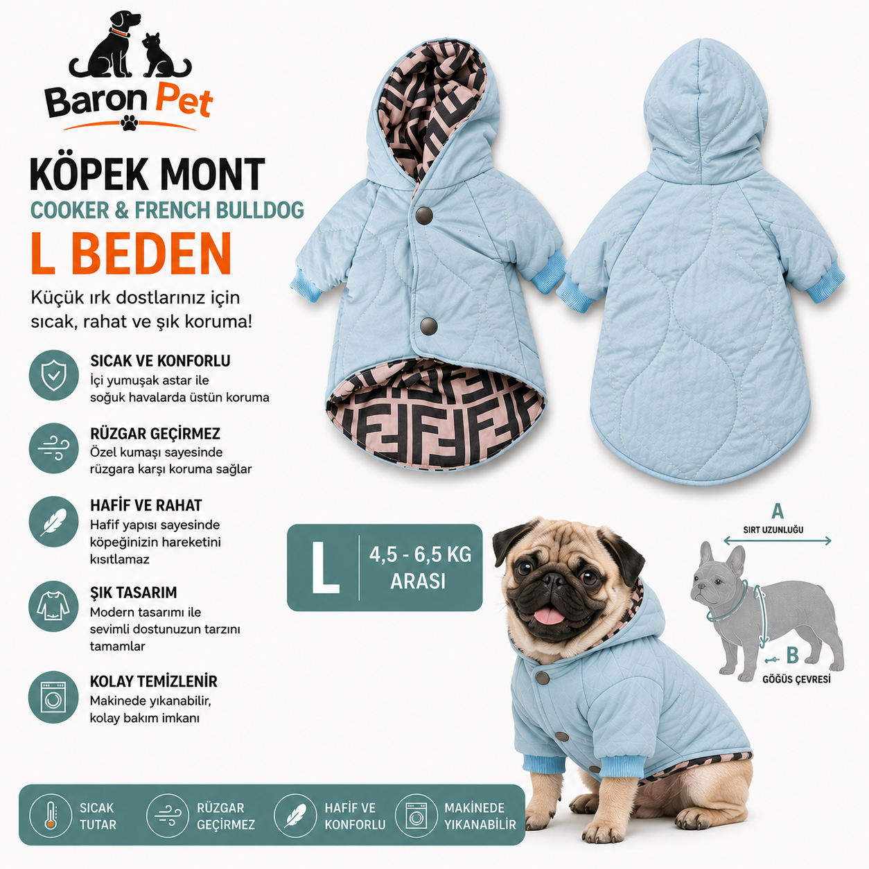 Köpek Montu L Beden 4,5-6,5 kg Kapüşonlu Kapitone Rüzgar Geçirmez - Bebek Mavisi