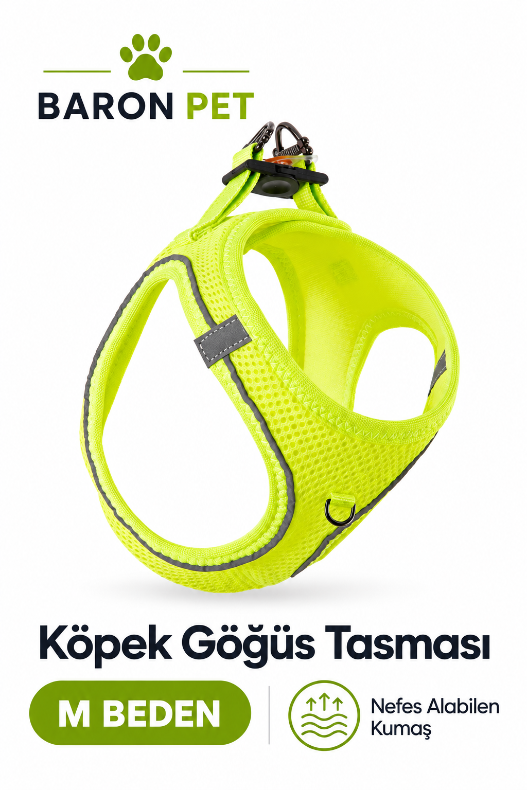 Air Mesh Köpek Göğüs Tasması Reflektörlü Nefes Alan File Kumaş Neon Sarı - M Beden