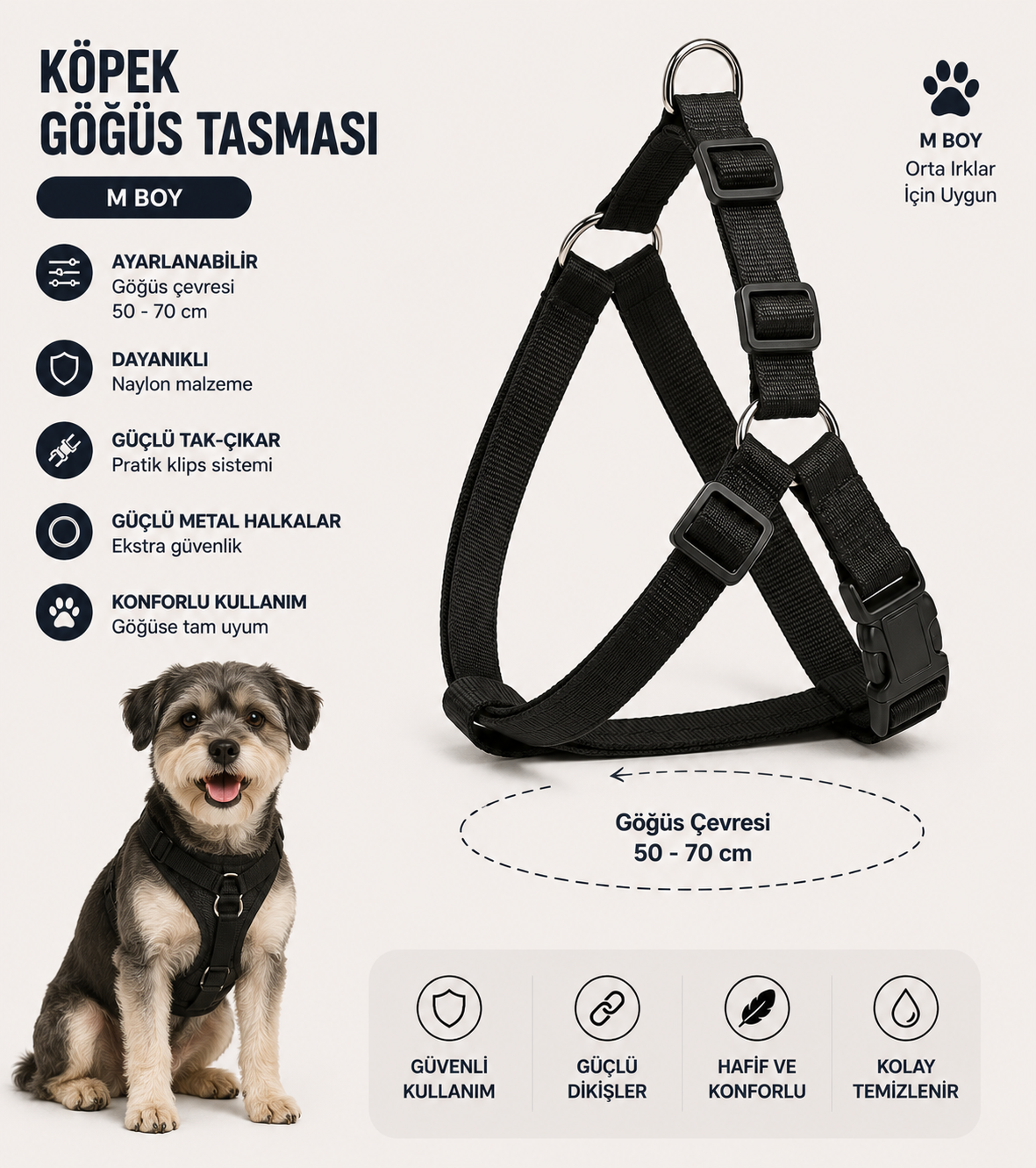 Köpek Göğüs Tasması M Boy 50-70 cm Göğüs Çevresi Ayarlanabilir Naylon Metal Halkalı - Siyah