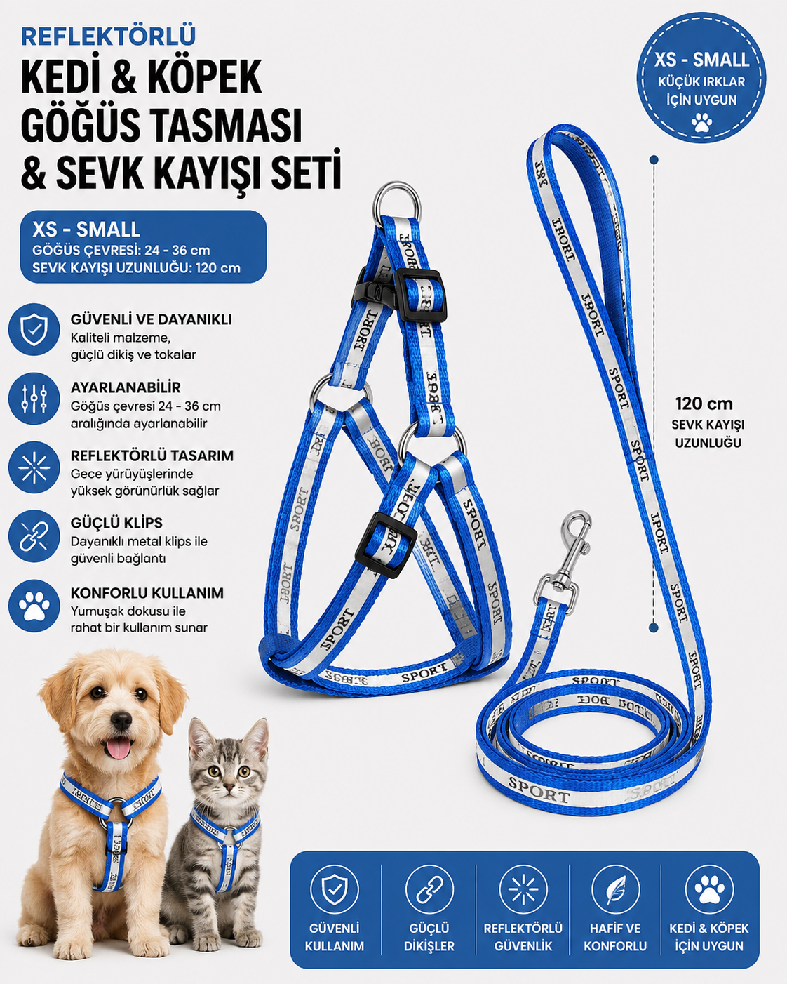 Reflektörlü Kedi ve Köpek Göğüs Tasması Sevk Kayışı Seti XS-S 24-36 cm 120 cm Kayış - Saks Mavisi