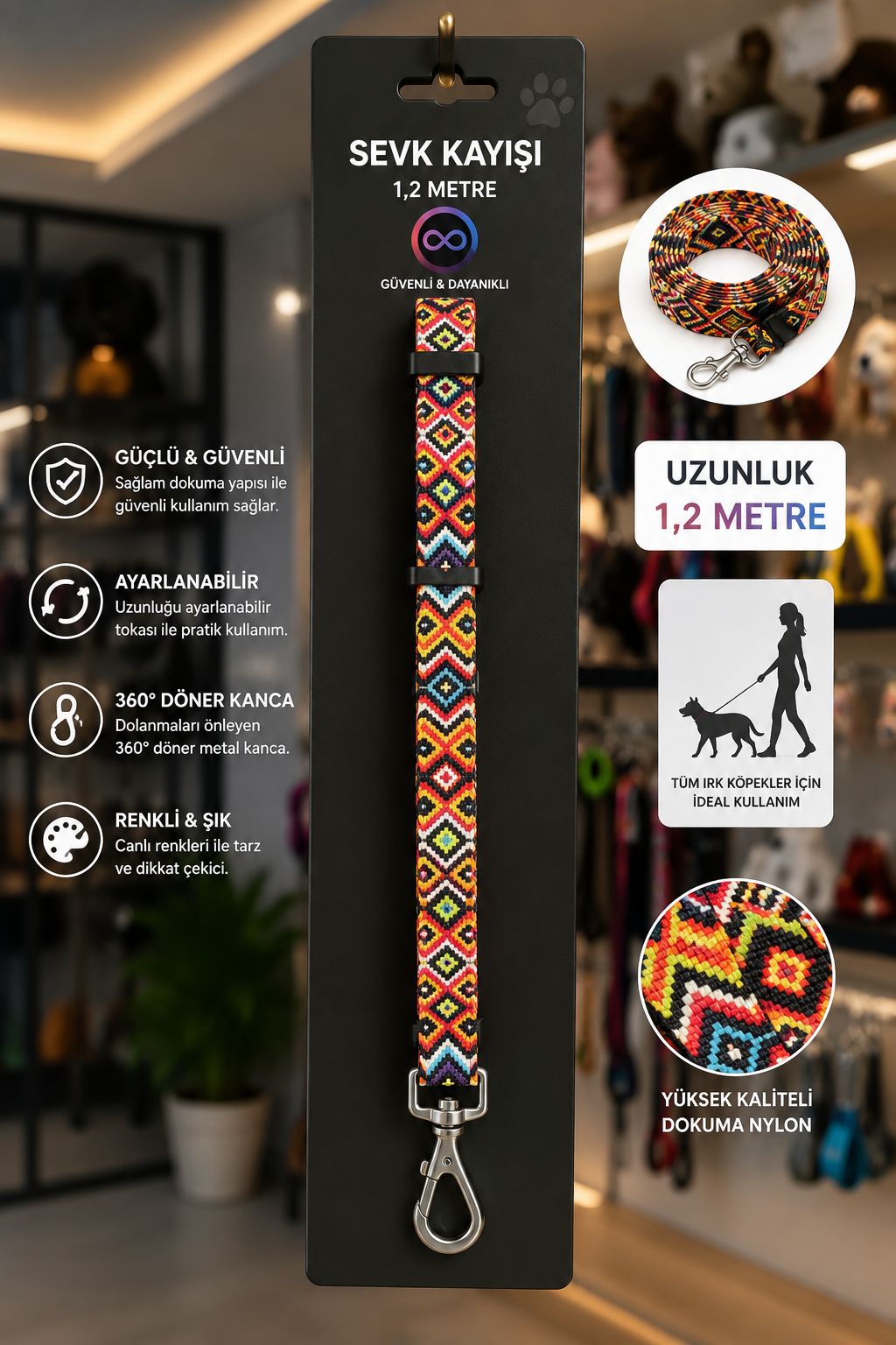 Köpek Sevk Kayışı 1,2 Metre Ayarlanabilir 360 Derece Döner Metal Kancalı - Etnik Desenli