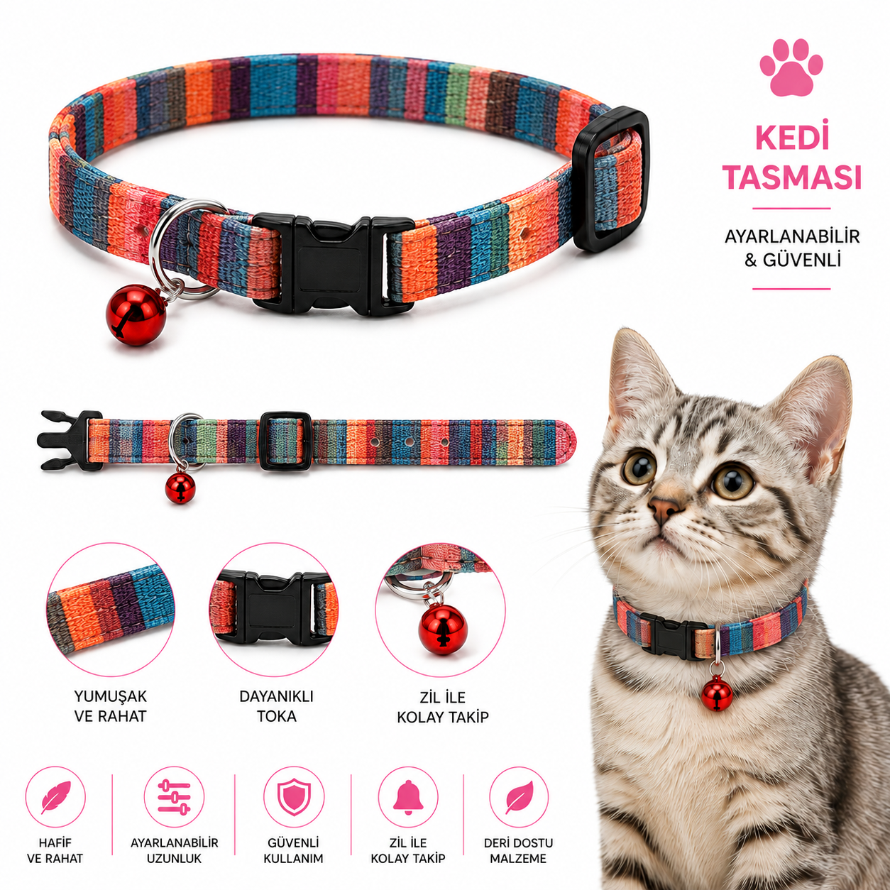 Kedi Tasması Renkli Çizgili Dokuma Zilli Ayarlanabilir Klipsli - Çok Renkli