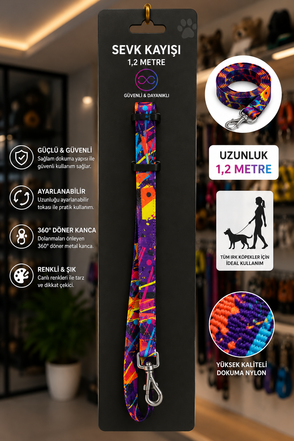 Köpek Sevk Kayışı 1,2 Metre Ayarlanabilir 360 Derece Döner Metal Kancalı - Soyut Desenli