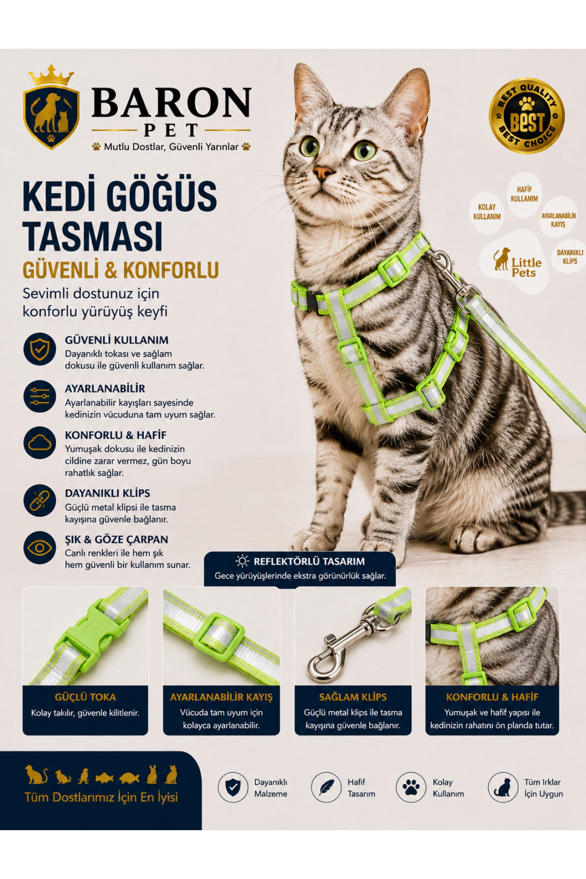 Kedi Göğüs Tasması ve Gezdirme Kayışı Seti Fıstık Yeşili Reflektörlü Ayarlanabilir
