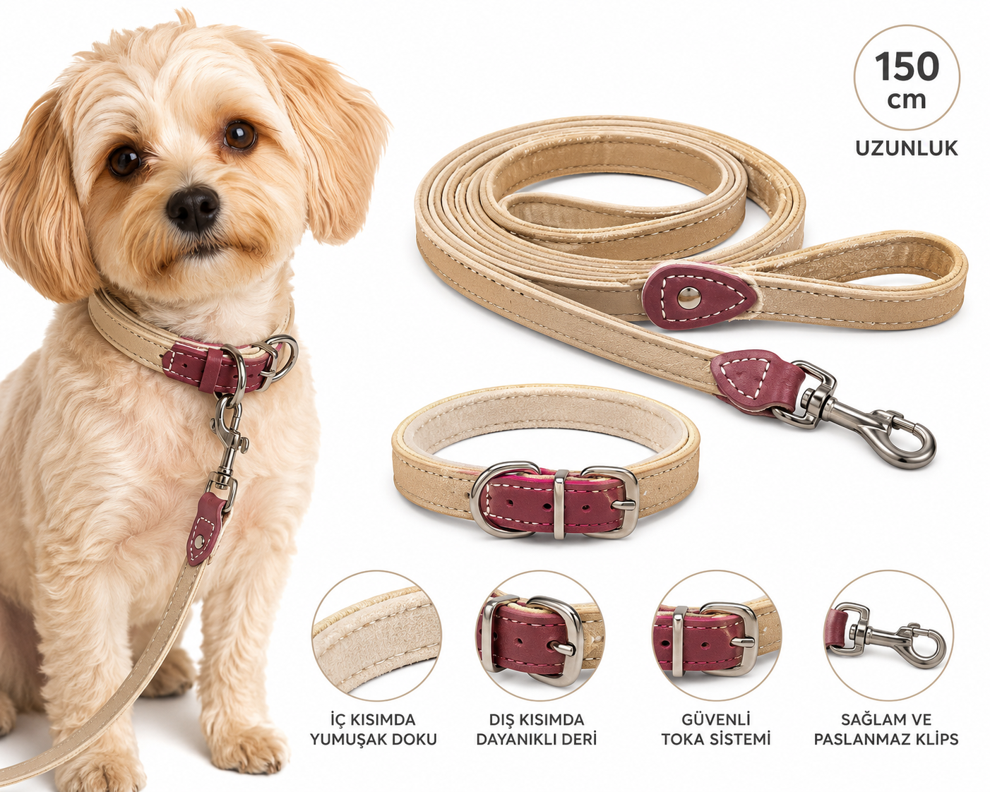 Küçük Irk Köpek Deri Boyun Tasması ve Gezdirme Kayışı Seti 150 cm - Bej Bordo