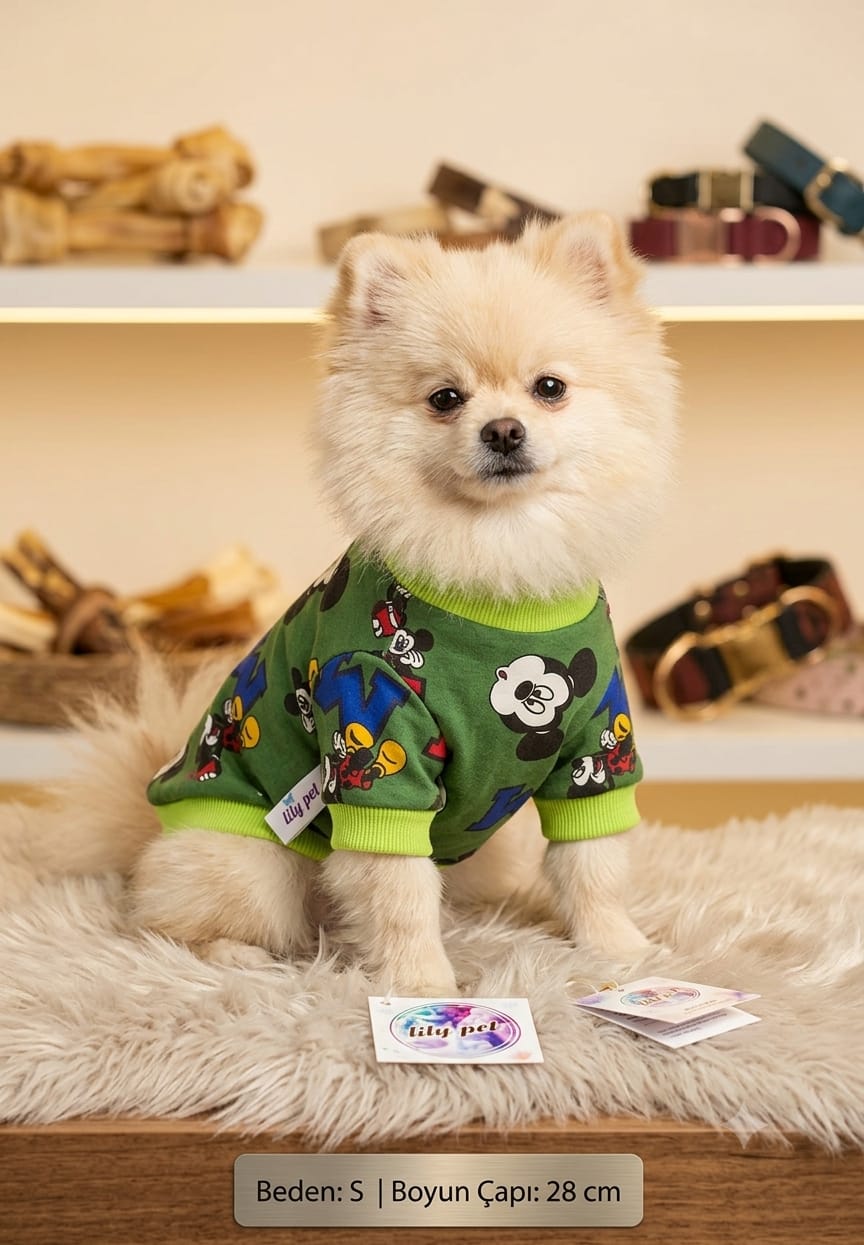 Köpek Sweatshirt S Beden Boyun Çapı 28 cm Mickey Mouse Desenli Uzun Kollu - Yeşil
