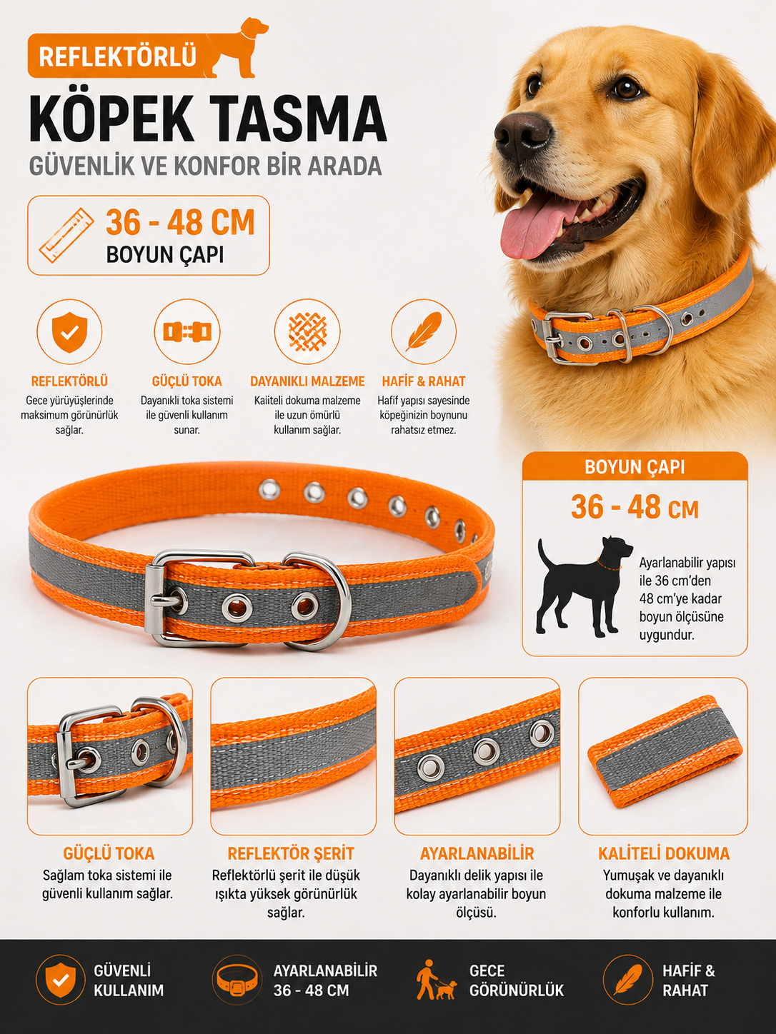 Reflektörlü Köpek Boyun Tasması 36-48 cm Ayarlanabilir Metal Tokalı Gece Görünürlük - Turuncu