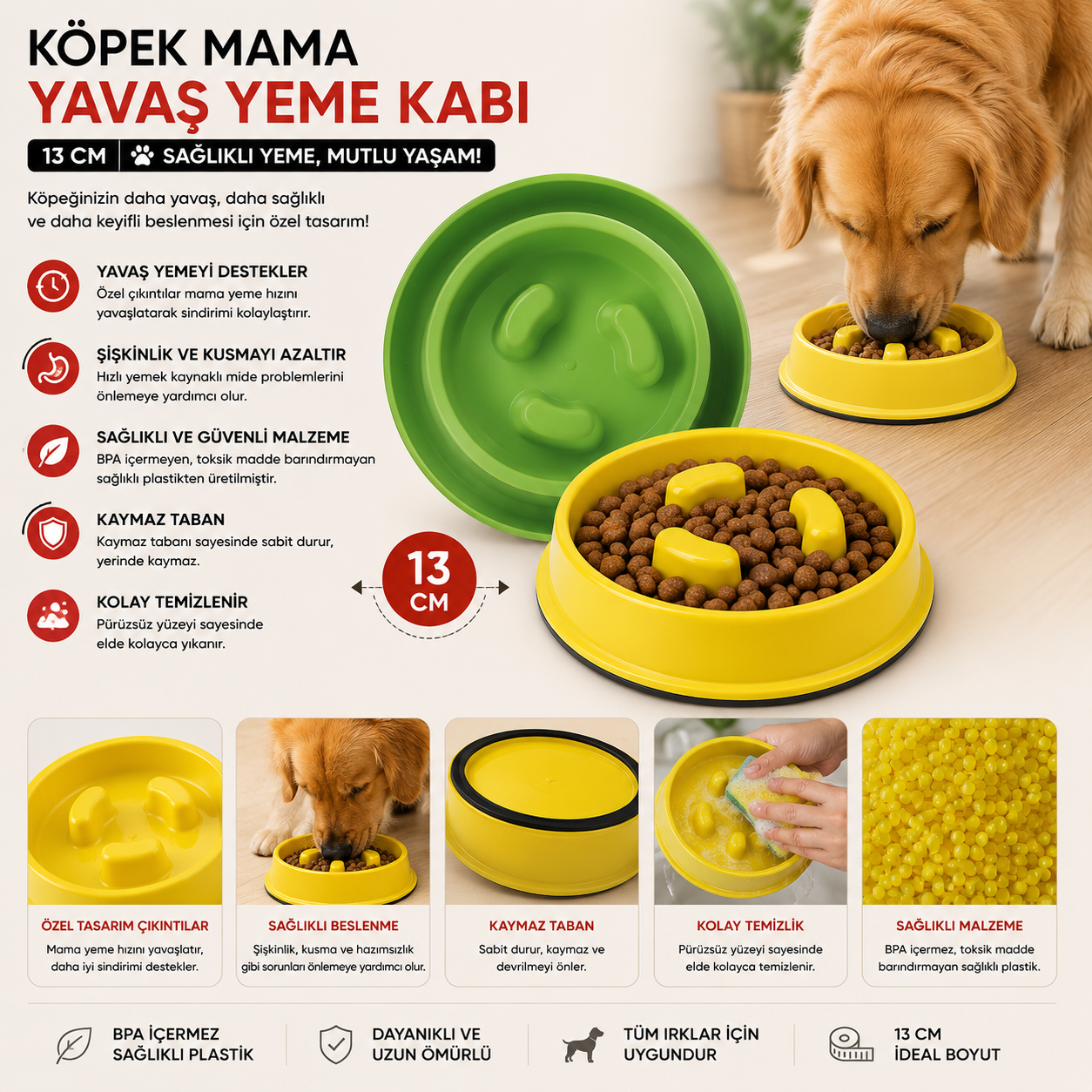 Köpek Yavaş Yeme Mama Kabı 13 cm Kaymaz Tabanlı Anti Şişkinlik