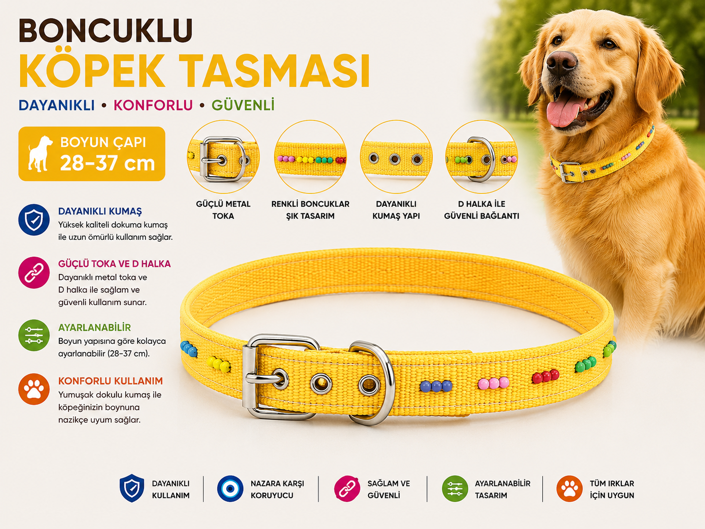Boncuklu Köpek Boyun Tasması 28-37 cm Ayarlanabilir Metal Tokalı D Halkalı - Sarı