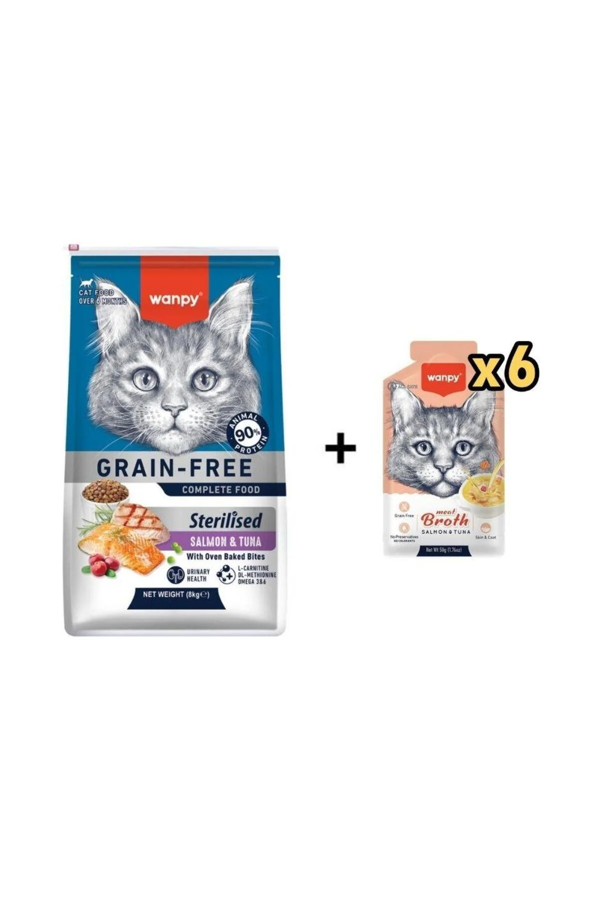 Wanpy Tahılsız Somon Tuna Kısırlaştırılmış Kedi Maması 8 kg + 6 AdetWanpy Somonlu ve Ton Balıklı Ked