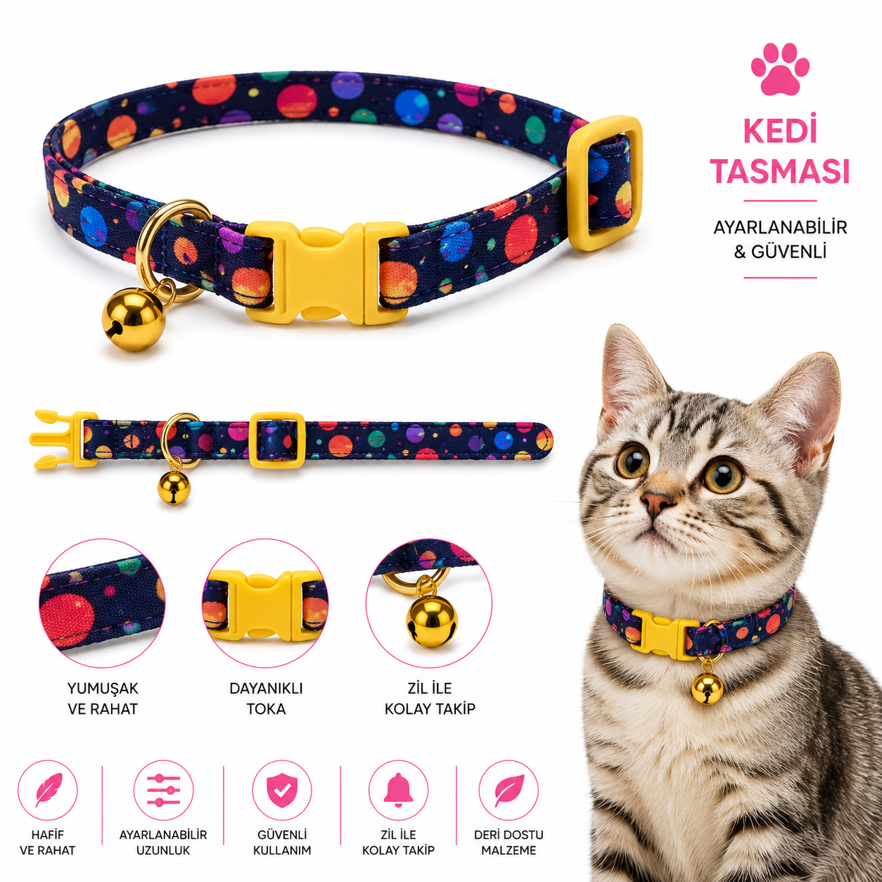 Kedi Tasması Gezegen Desenli Zilli Ayarlanabilir Klipsli - Lacivert