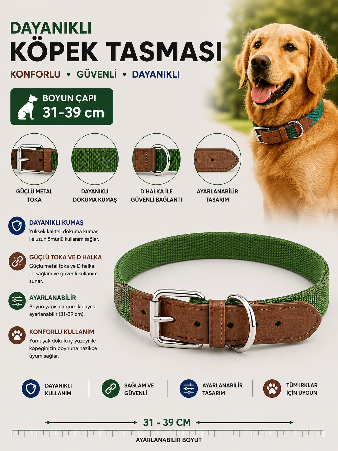 Köpek Boyun Tasması 31-39 cm Dokuma Kumaş Deri Detaylı Ayarlanabilir Metal Tokalı - Yeşil Kahve