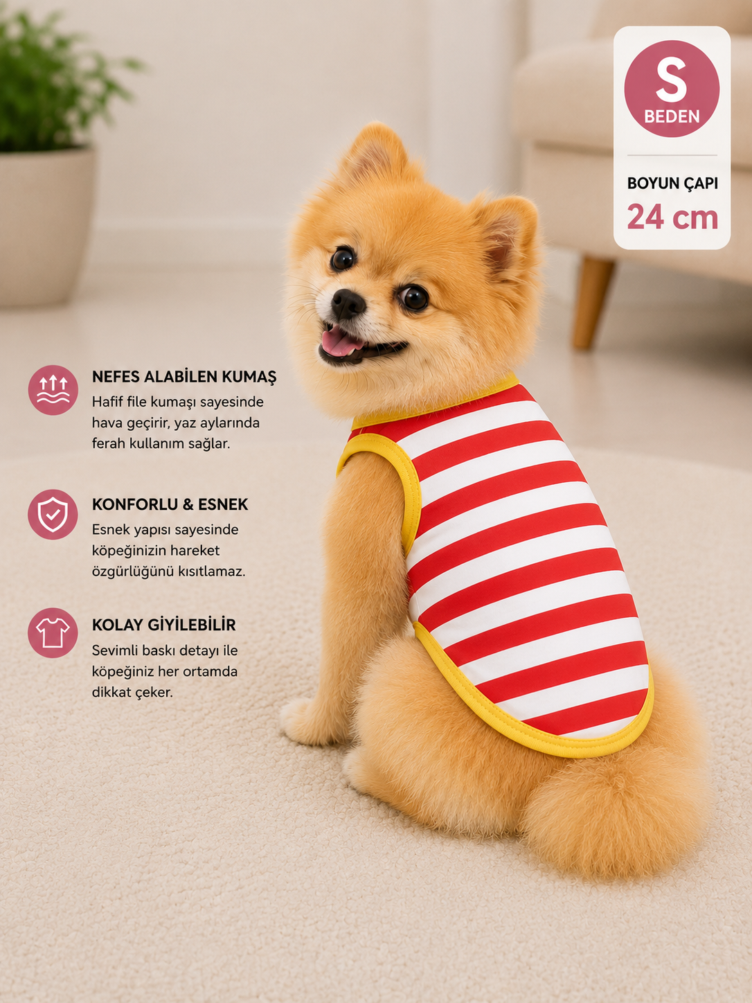 Köpek Tişörtü S Beden Boyun Çapı 24 cm Çizgili Kolsuz Atlet - Kırmızı Beyaz
