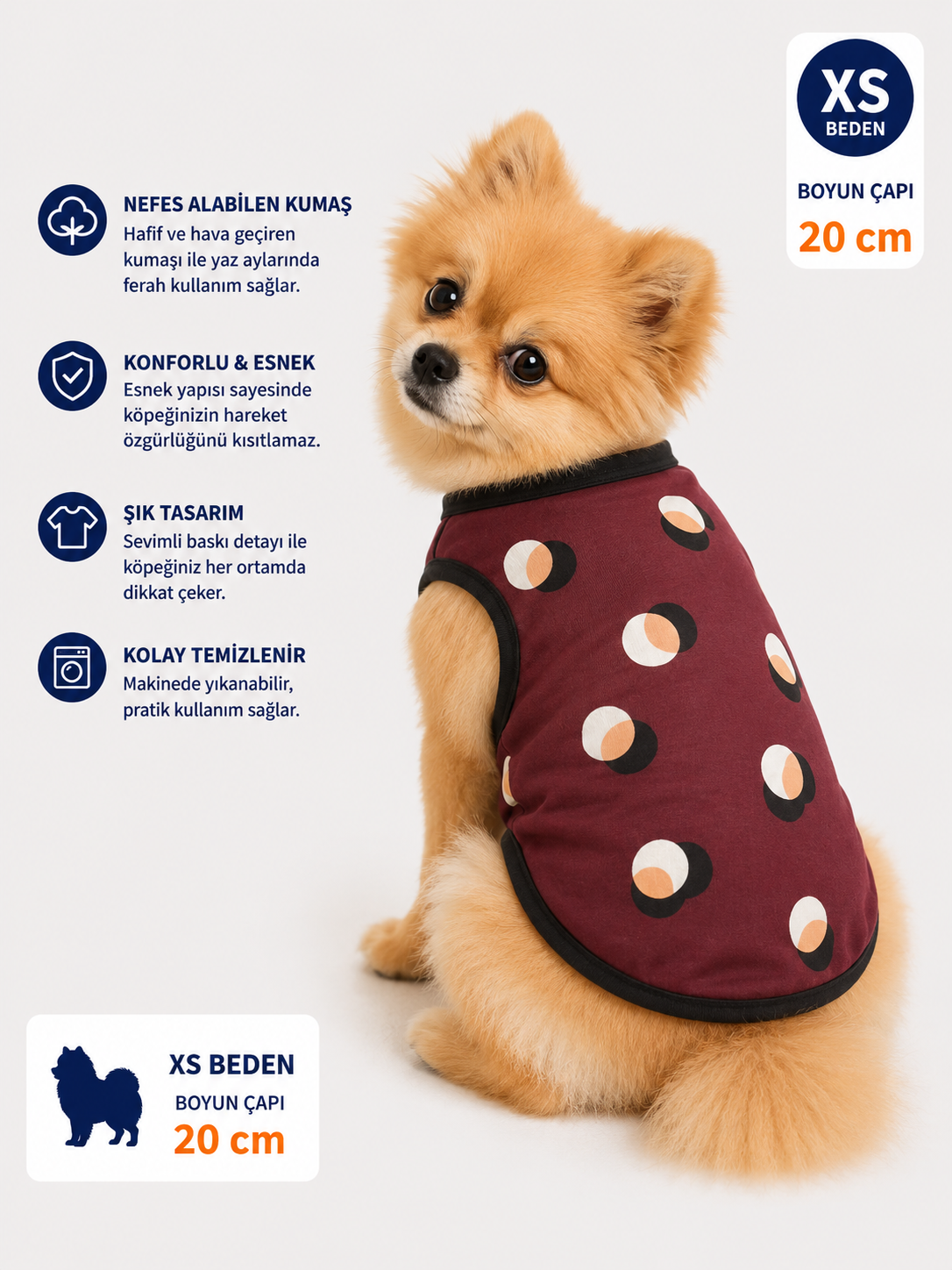 Köpek Tişörtü XS Beden Boyun Çapı 20 cm Puantiye Desenli Kolsuz Atlet - Bordo