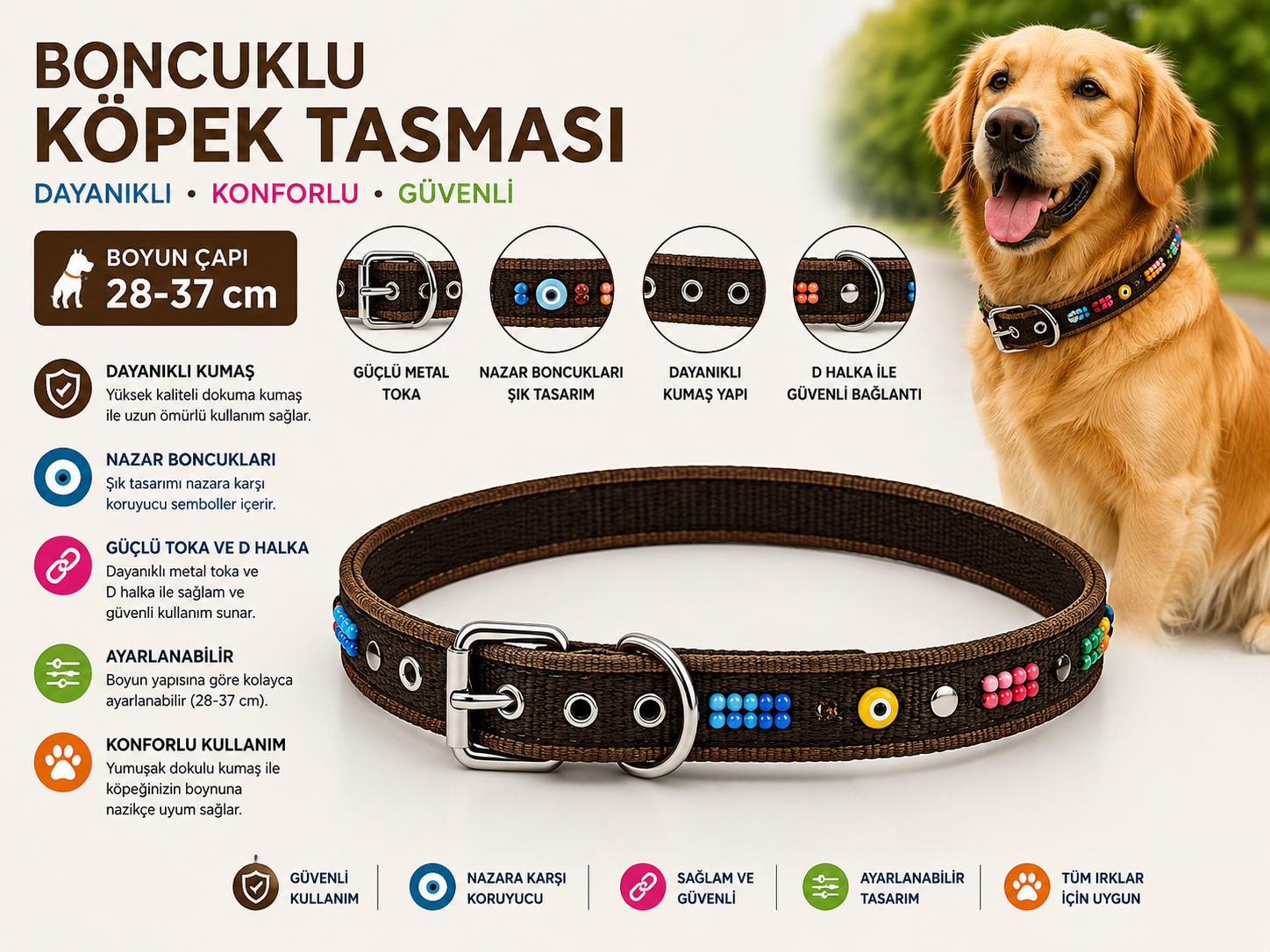 Nazar Boncuklu Köpek Boyun Tasması 28-37 cm Ayarlanabilir Metal Tokalı D Halkalı - Yeşil