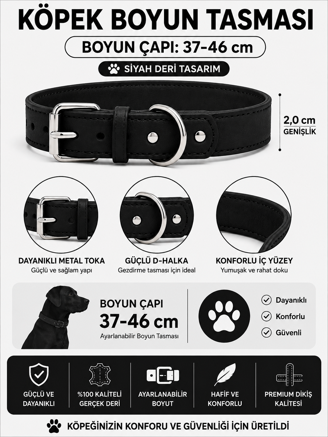 Deri Köpek Boyun Tasması 37-46 cm 2 cm Metal Tokalı D Halkalı Ayarlanabilir - Siyah