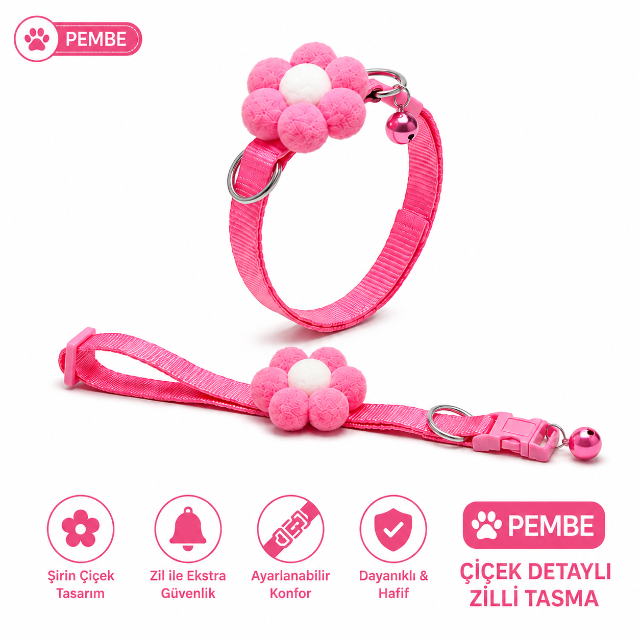 Ponpon Çiçek Süslemeli Zilli Kedi Tasması Ayarlanabilir Emniyet Tokalı - Pembe