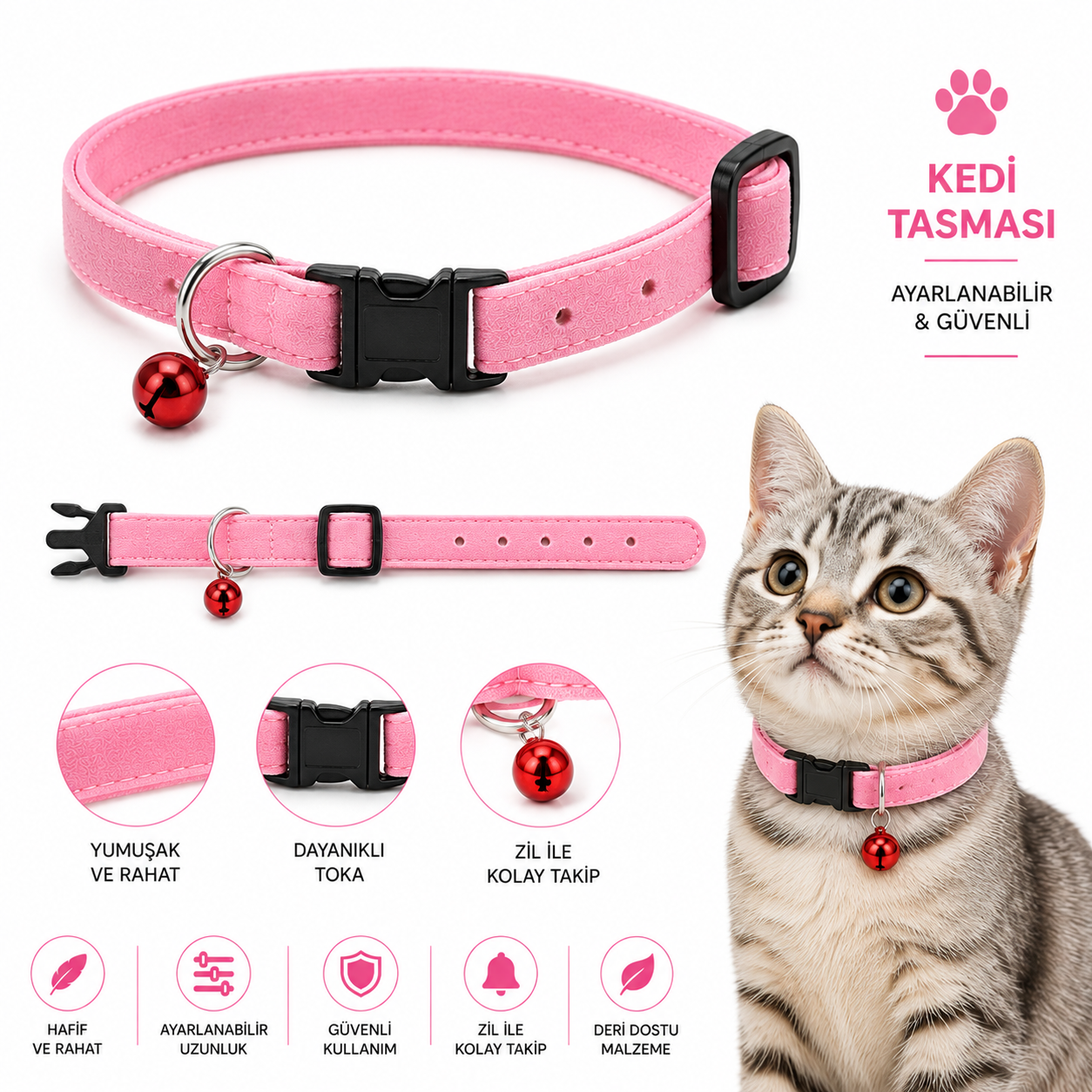 Kedi Tasması Süet Görünümlü Zilli Ayarlanabilir Klipsli - Pembe